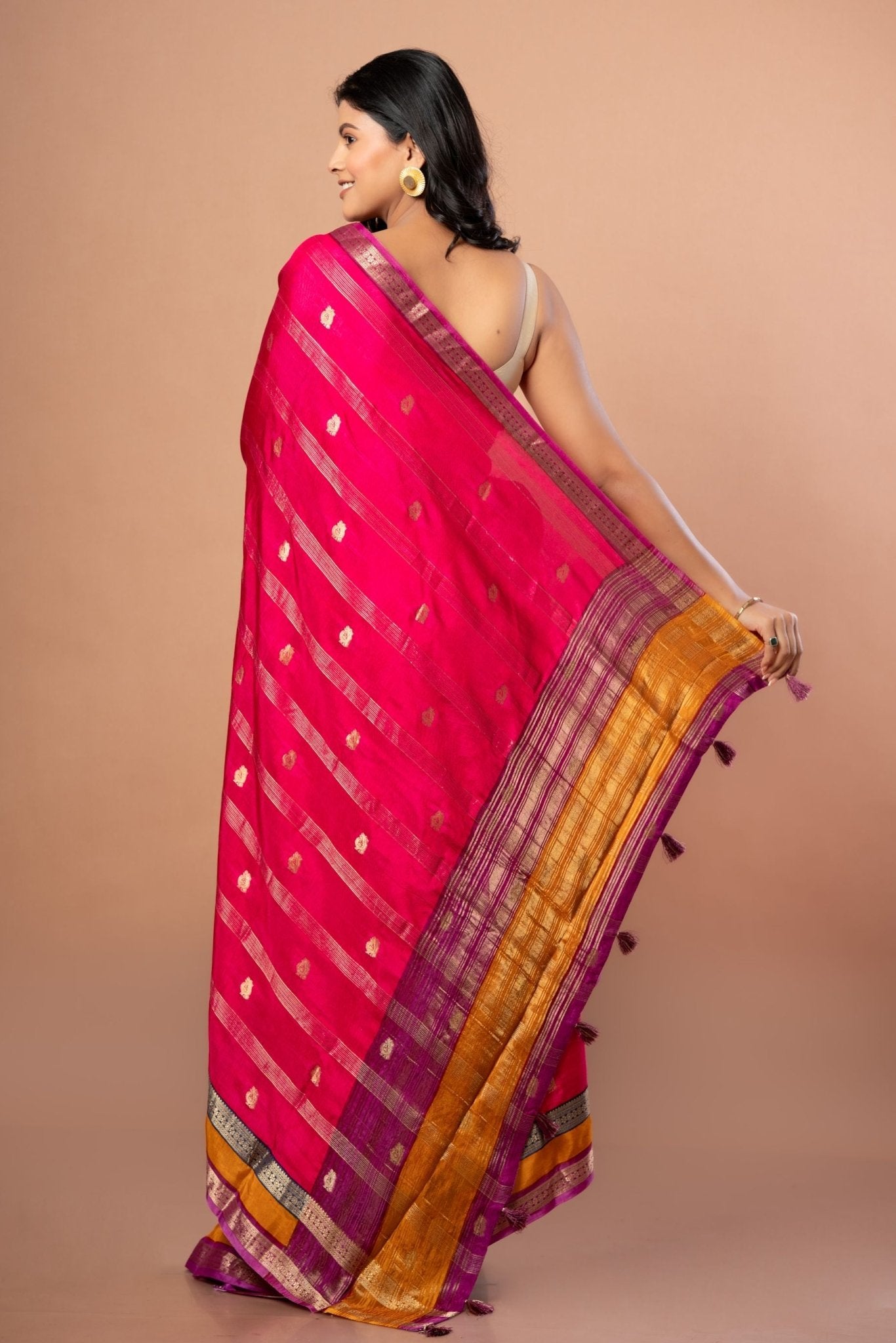 Pink Silk Saree with Multi Color Woven Border - Anvi Couture
