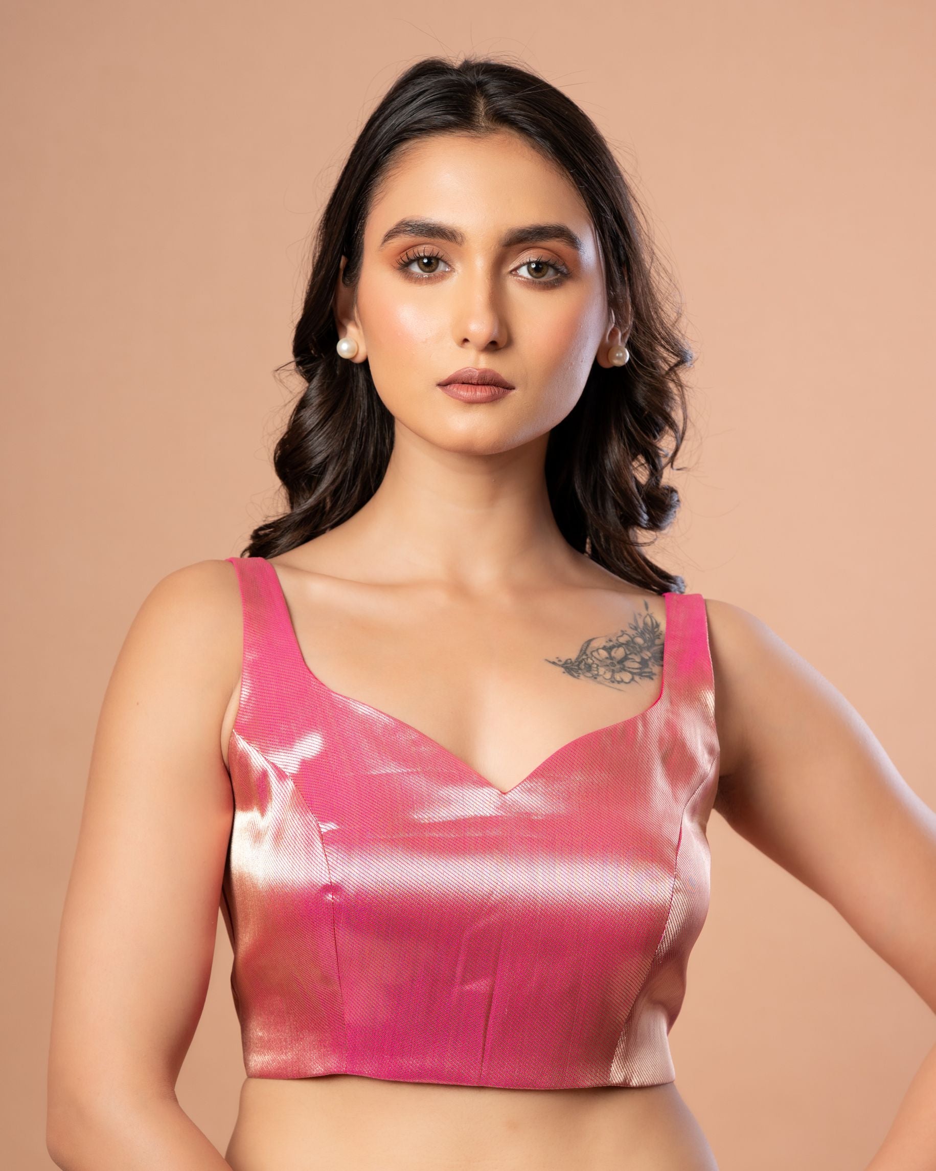 Pink Sleeveless Brocade Blouse with Back Closure