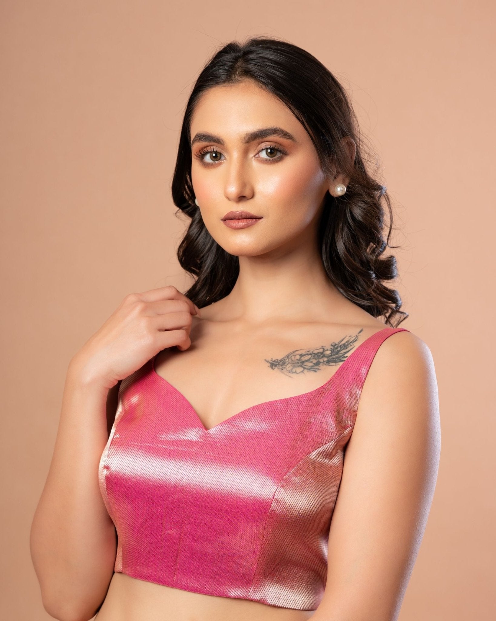 Pink Sleeveless Brocade Blouse with Back Closure - Anvi Couture