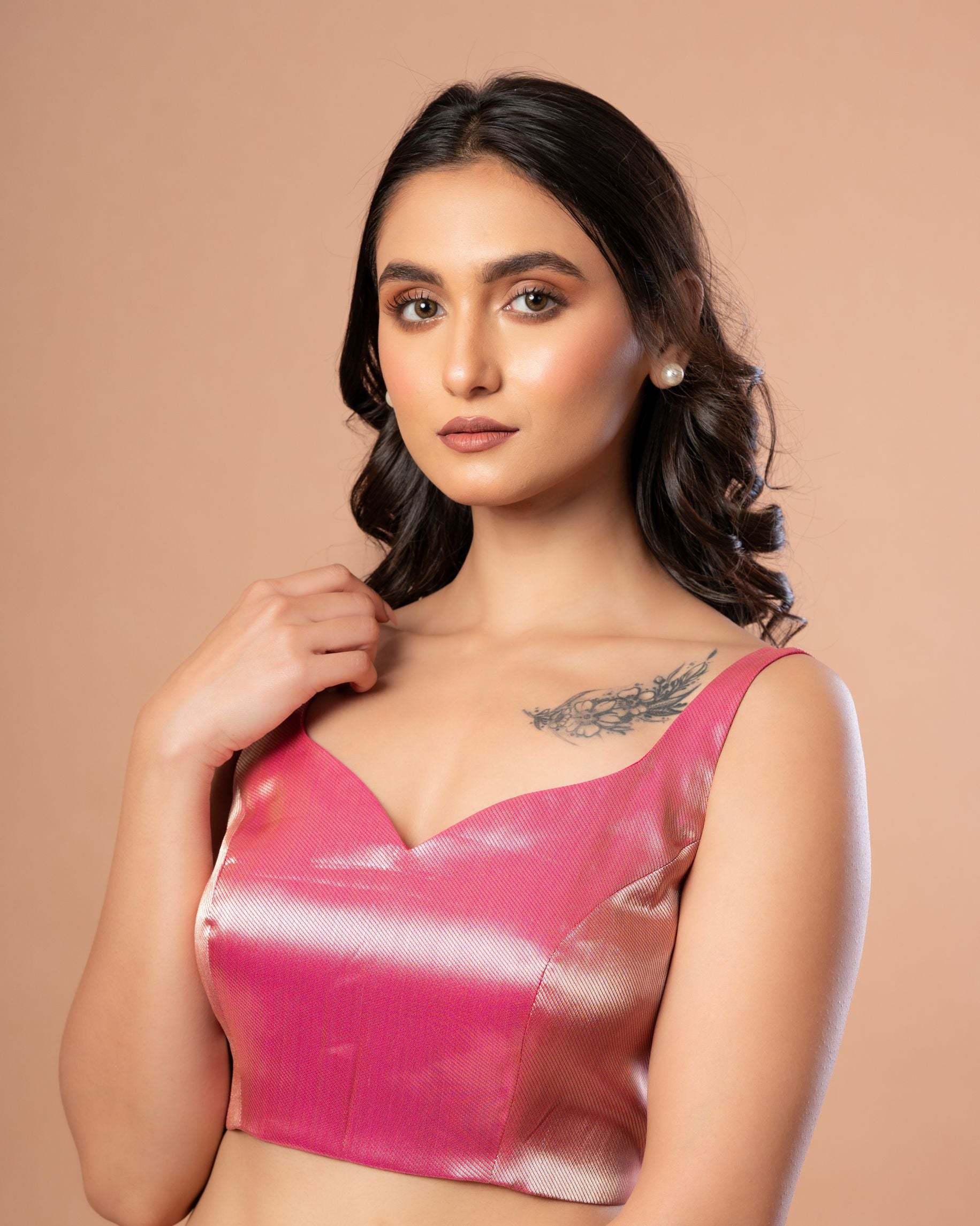 Pink Sleeveless Brocade Blouse with Back Closure- Anvi Couture