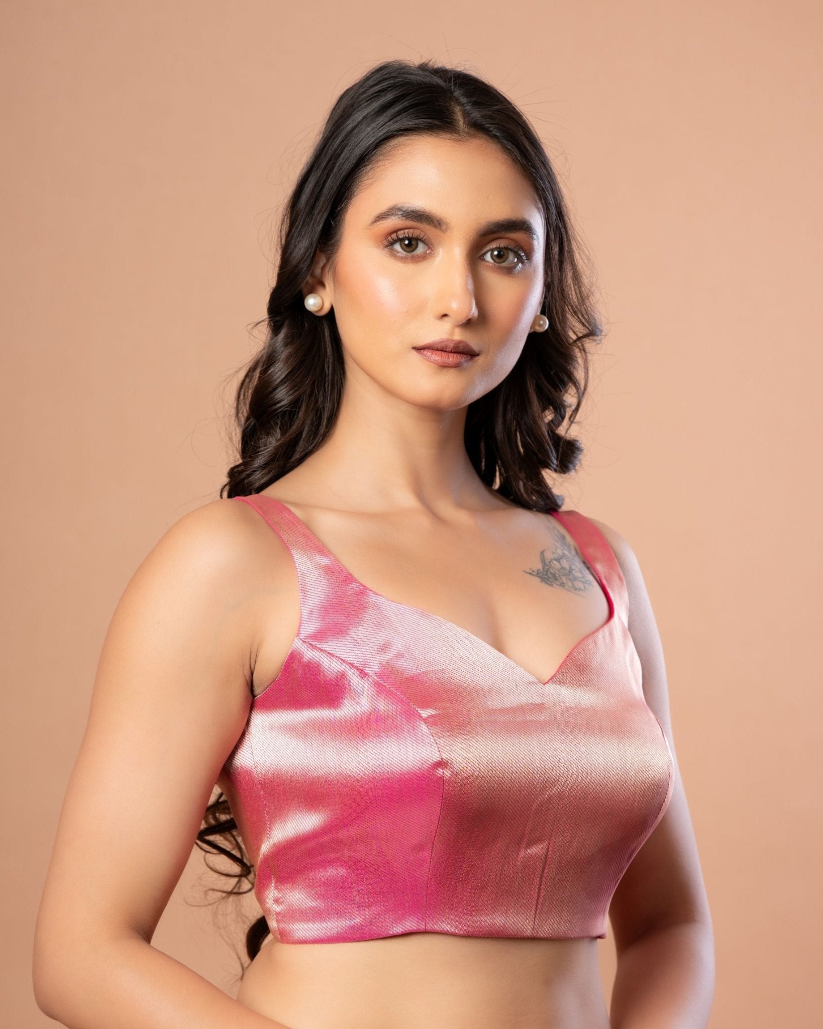 Pink Sleeveless Brocade Blouse with Back Closure - Anvi Couture