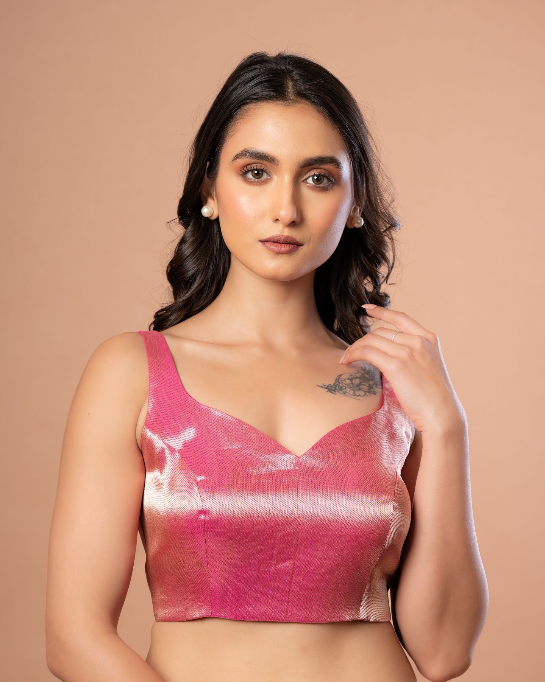 Pink Sleeveless Brocade Blouse with Back Closure Front