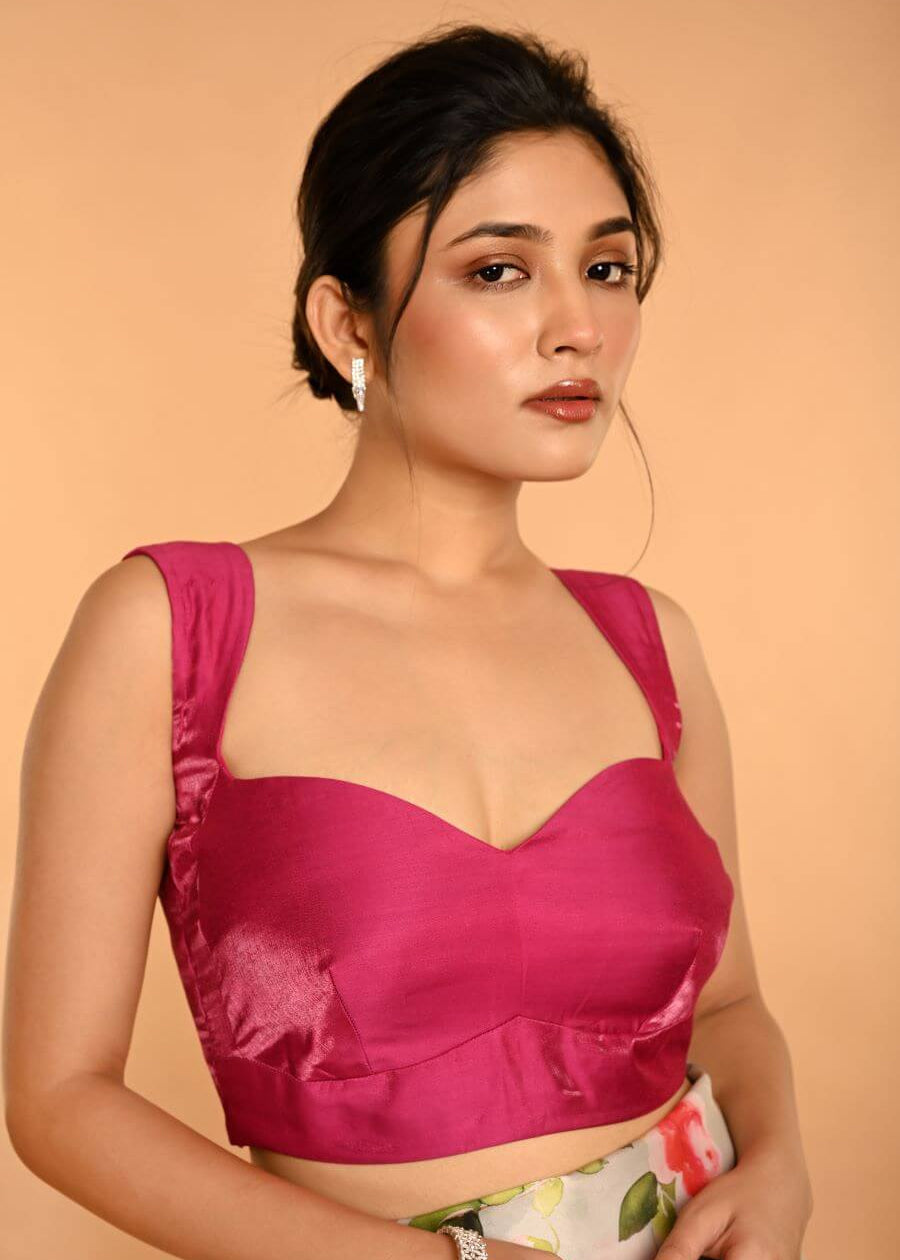 Pink Sleeveless Organza Blouse with Sweetheart Neckline -Anvi Couture