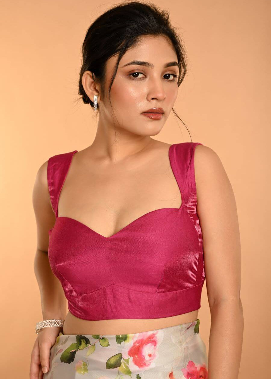 Pink Sleeveless Organza Blouse with Sweetheart Neckline -Anvi Couture