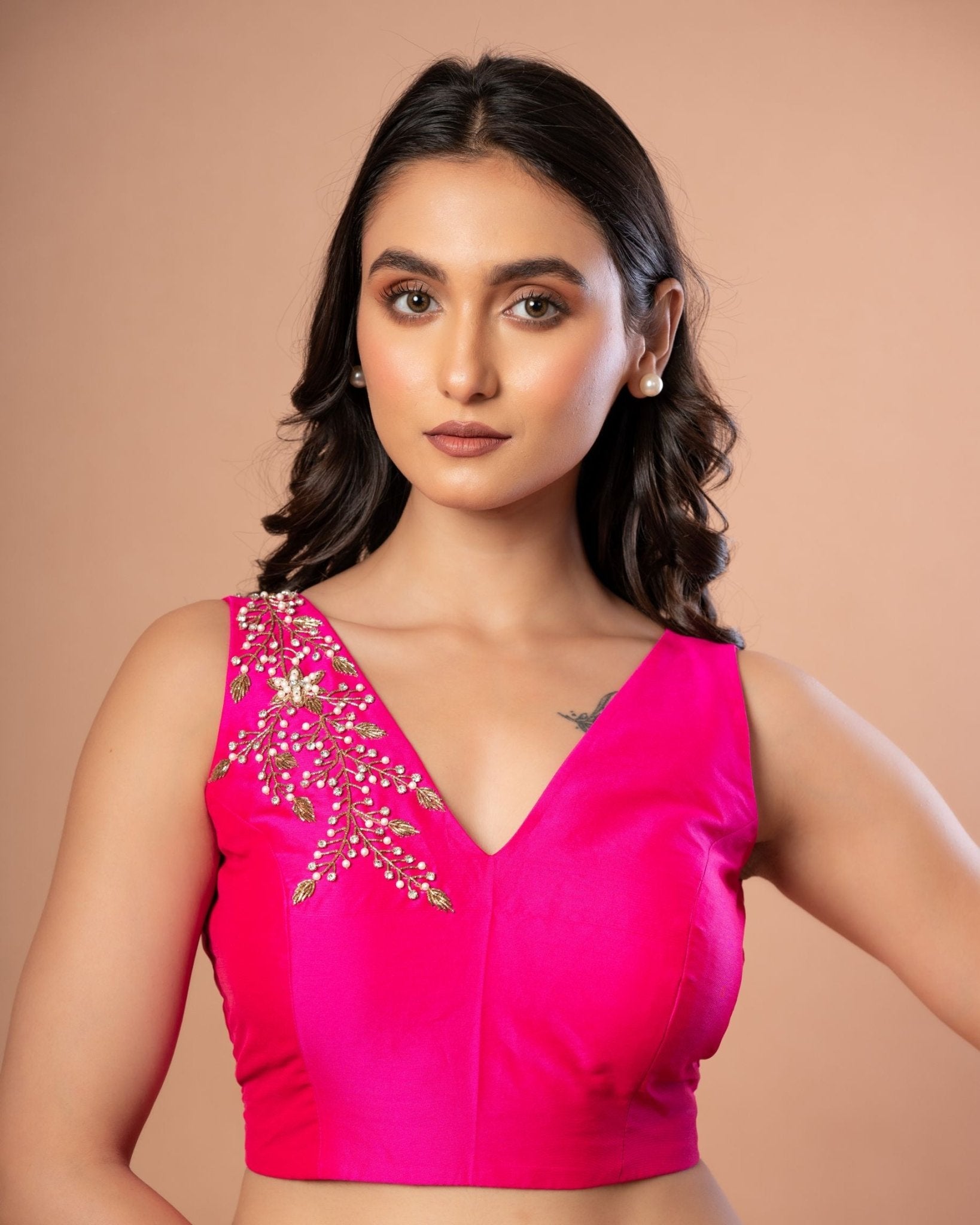 Pink Sleeveless Silk Blouse With Hand Embroiderey Work - Anvi Couture
