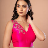 Pink Sleeveless Silk Blouse With Hand Embroiderey Work - Anvi Couture