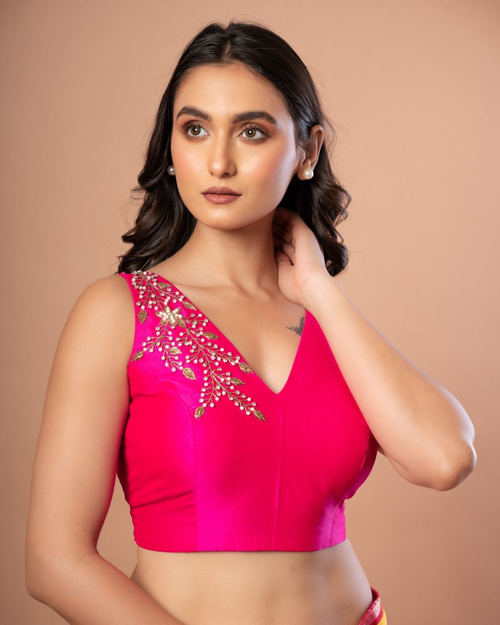 Pink Sleeveless Silk Blouse With Hand Embroiderey Work - Anvi Couture