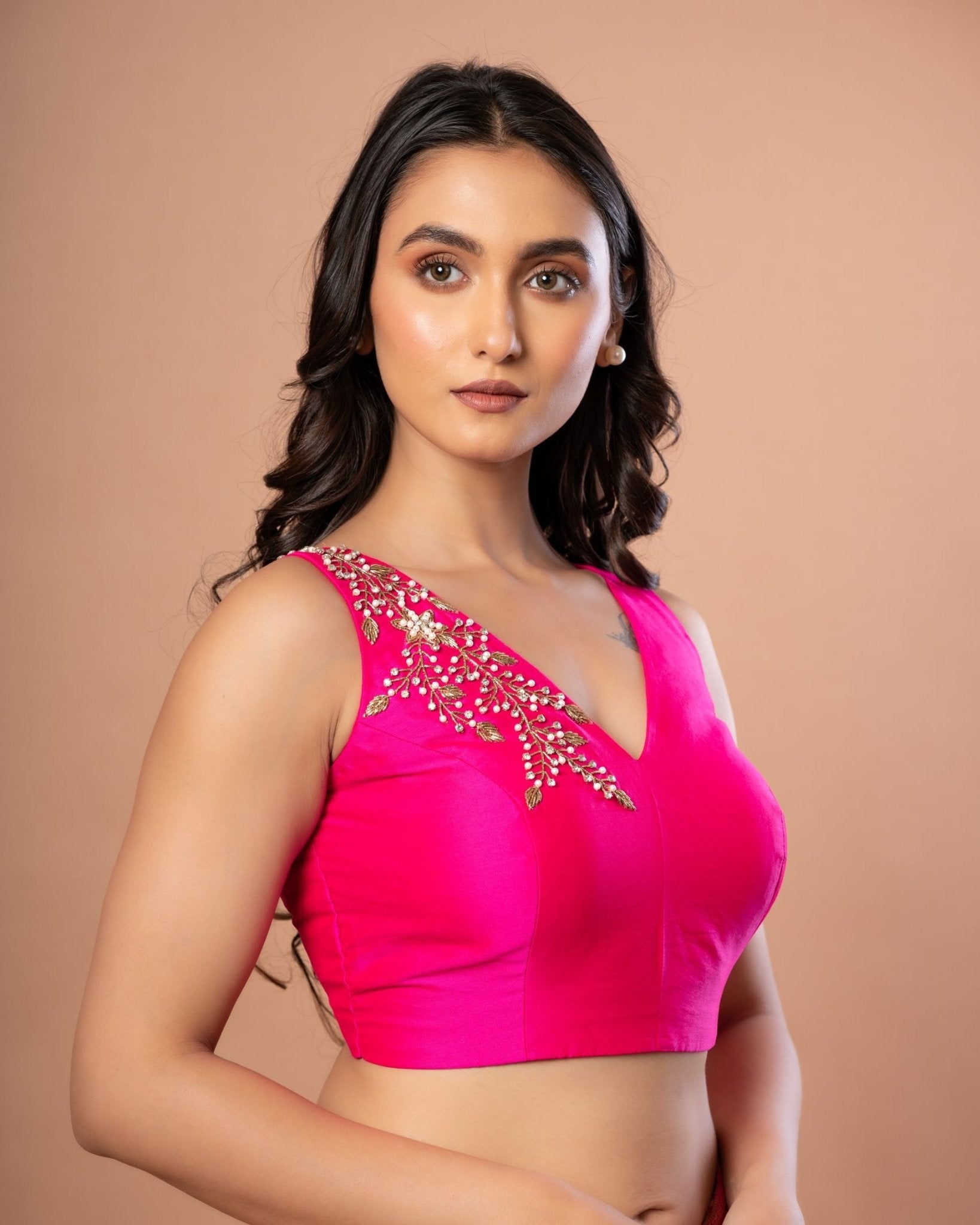 Pink Sleeveless Silk Blouse With Hand Embroiderey Work - Anvi Couture