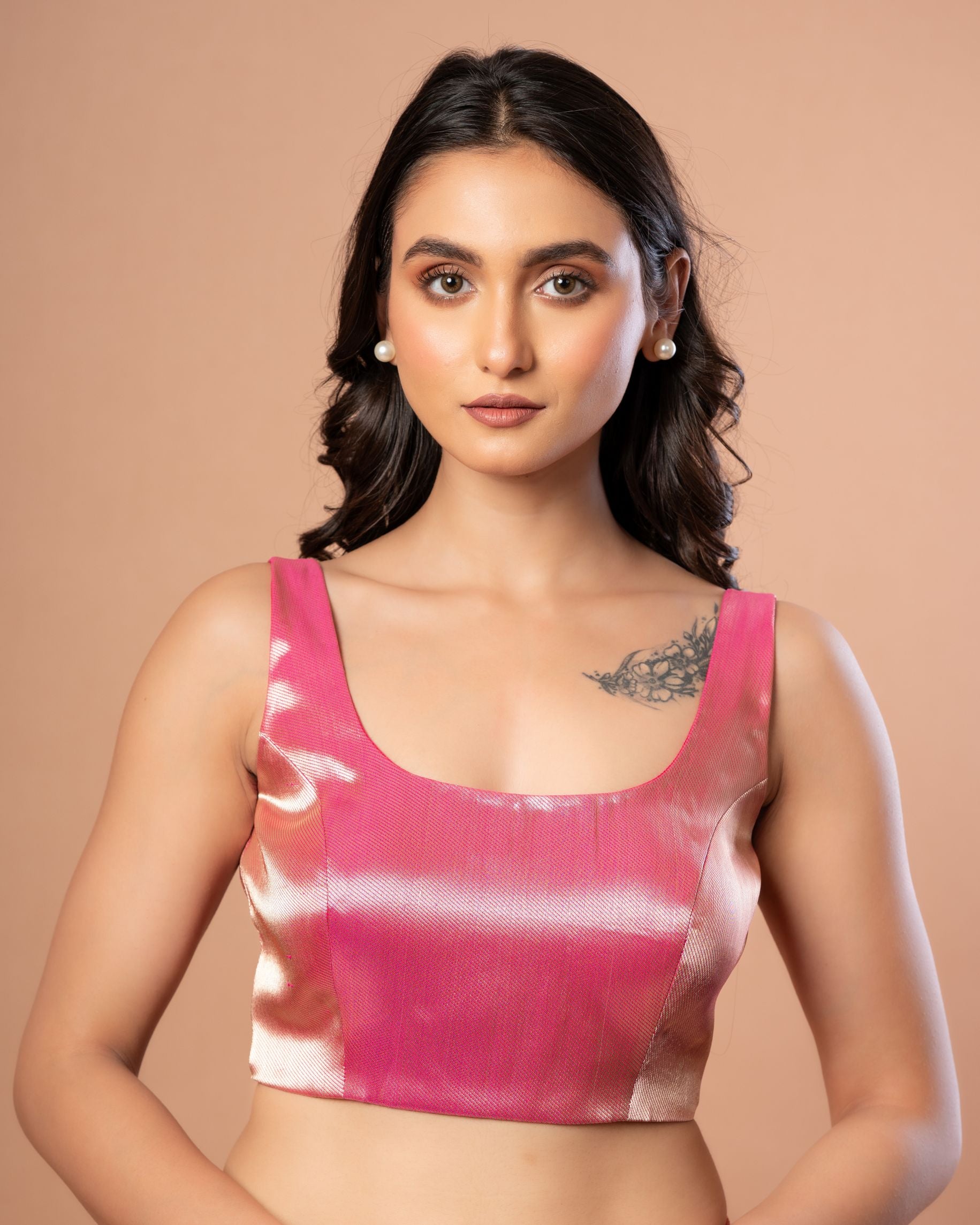 Pink Sleeveless U Neck Brocade Blouse with Back Closure Front 
