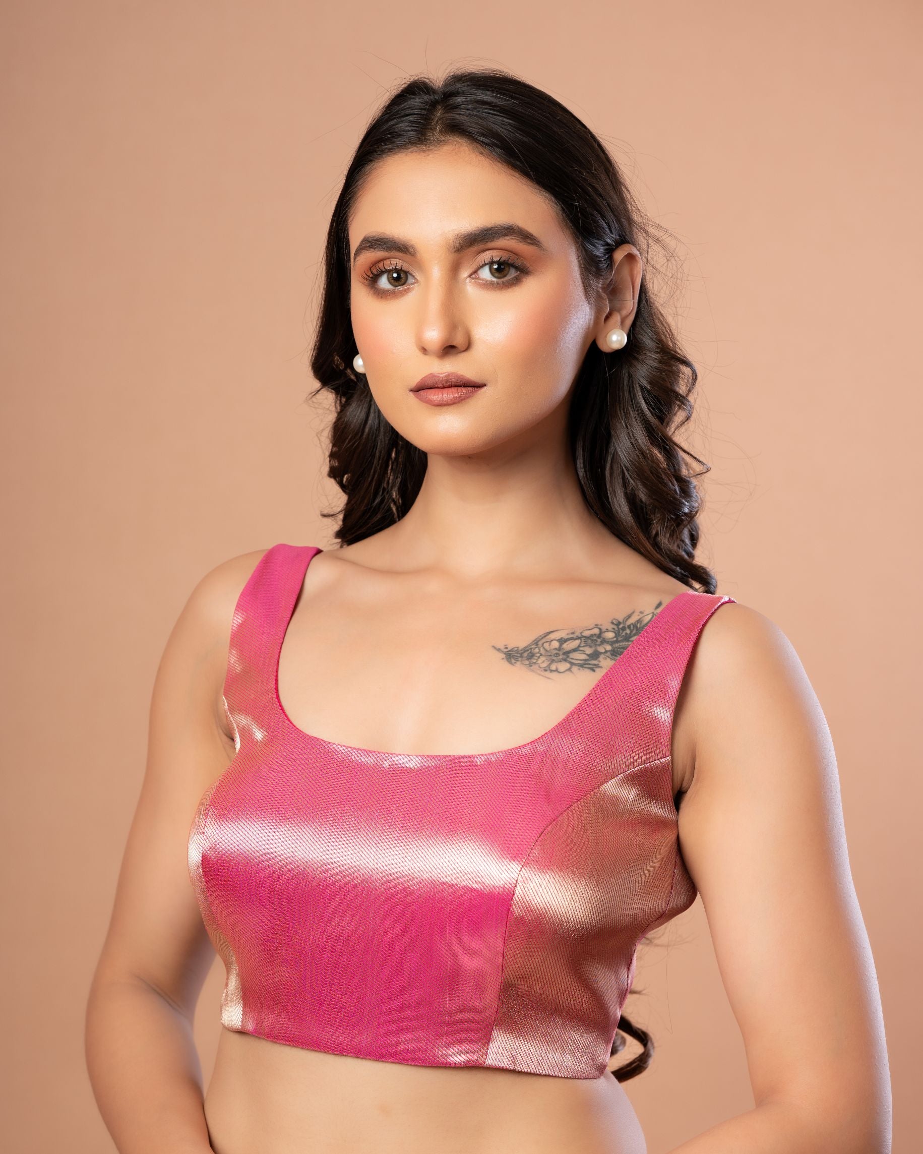 Pink Sleeveless U Neck Brocade Blouse with Back Closure Side
