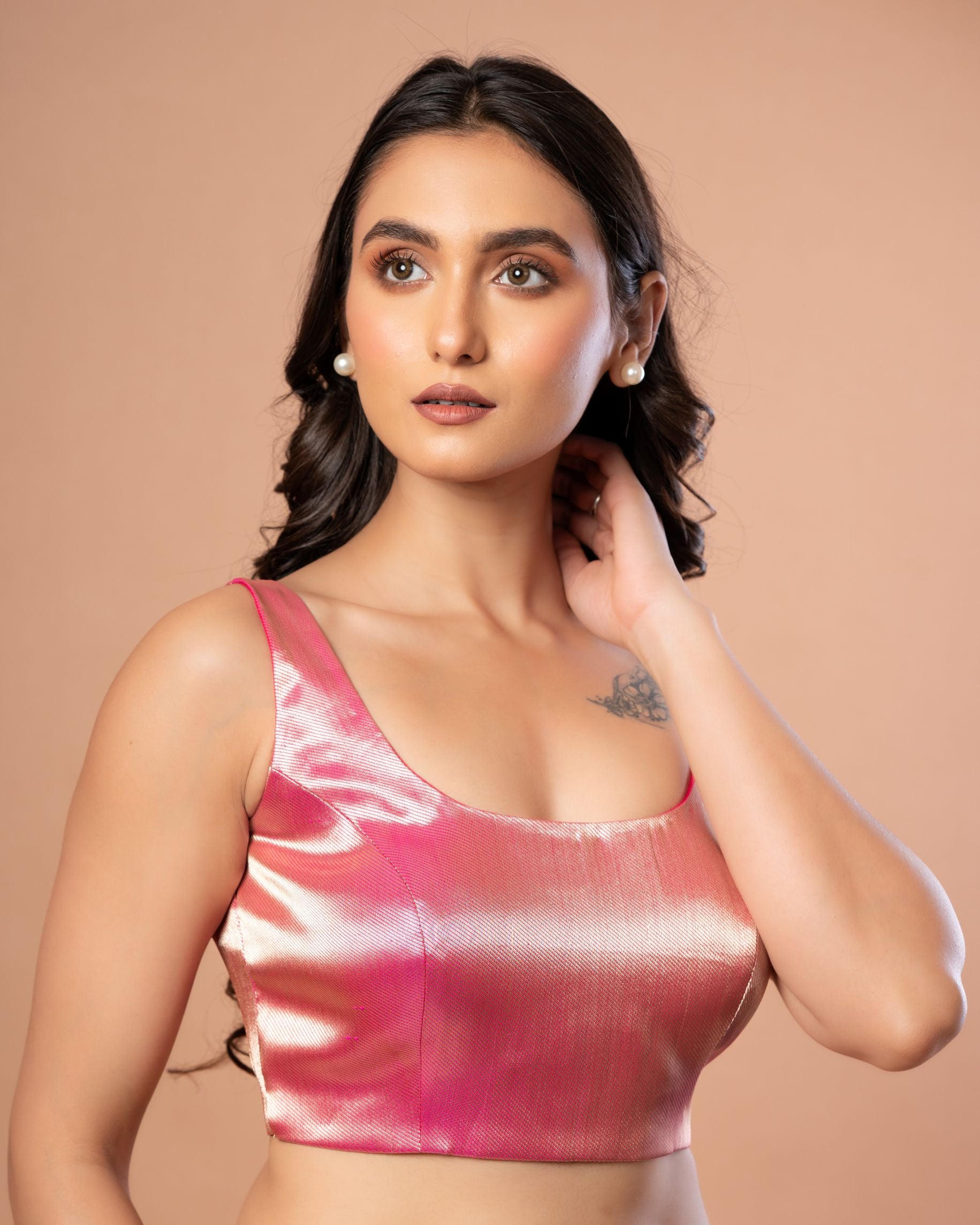 Pink Sleeveless U Neck Brocade Blouse with Back Closure Another Side
