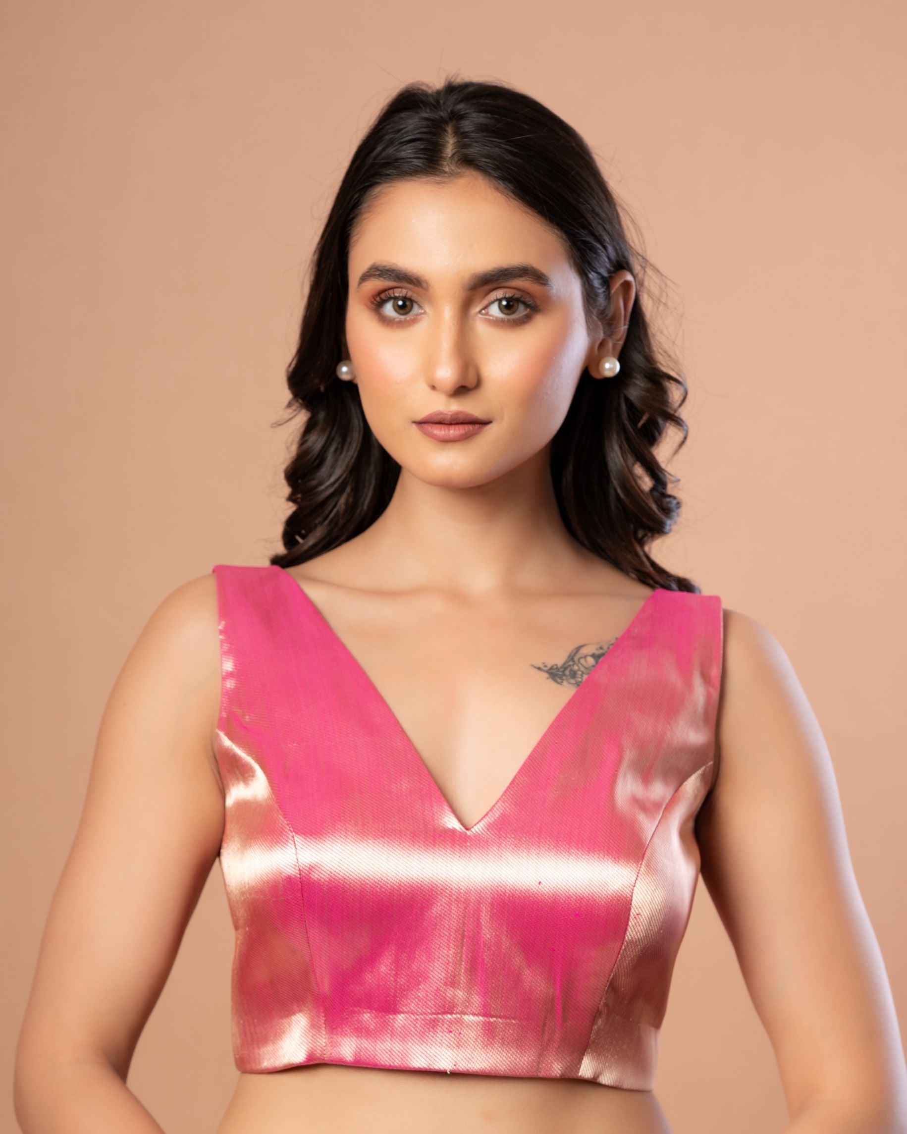 Pink Sleeveless V Neck Brocade Blouse with Back Closure Front 
