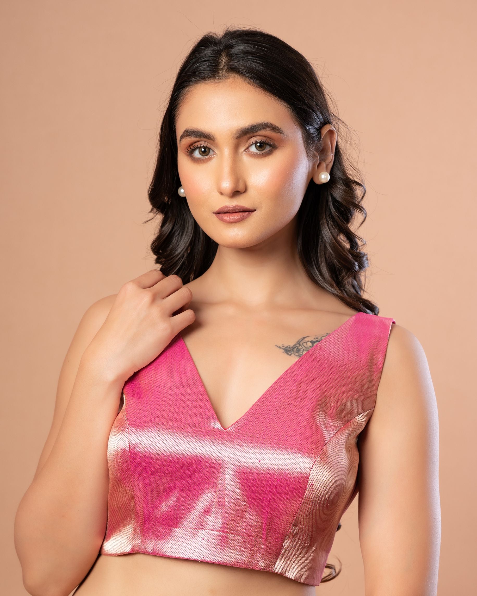 Pink Sleeveless V Neck Brocade Blouse with Back Closure Side
