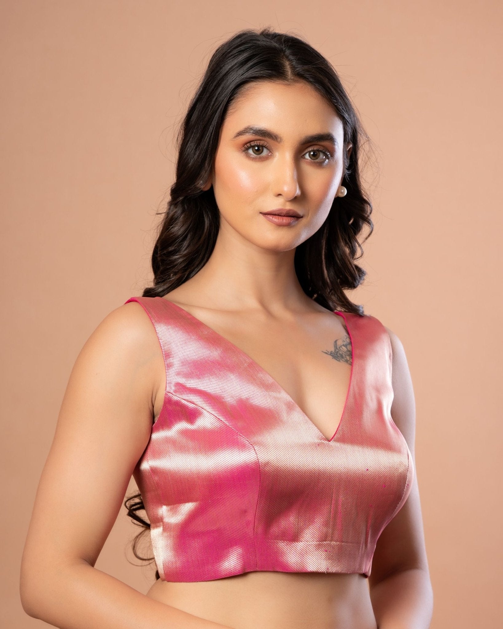 Pink Sleeveless V Neck Brocade Blouse with Back Closure - Anvi Couture