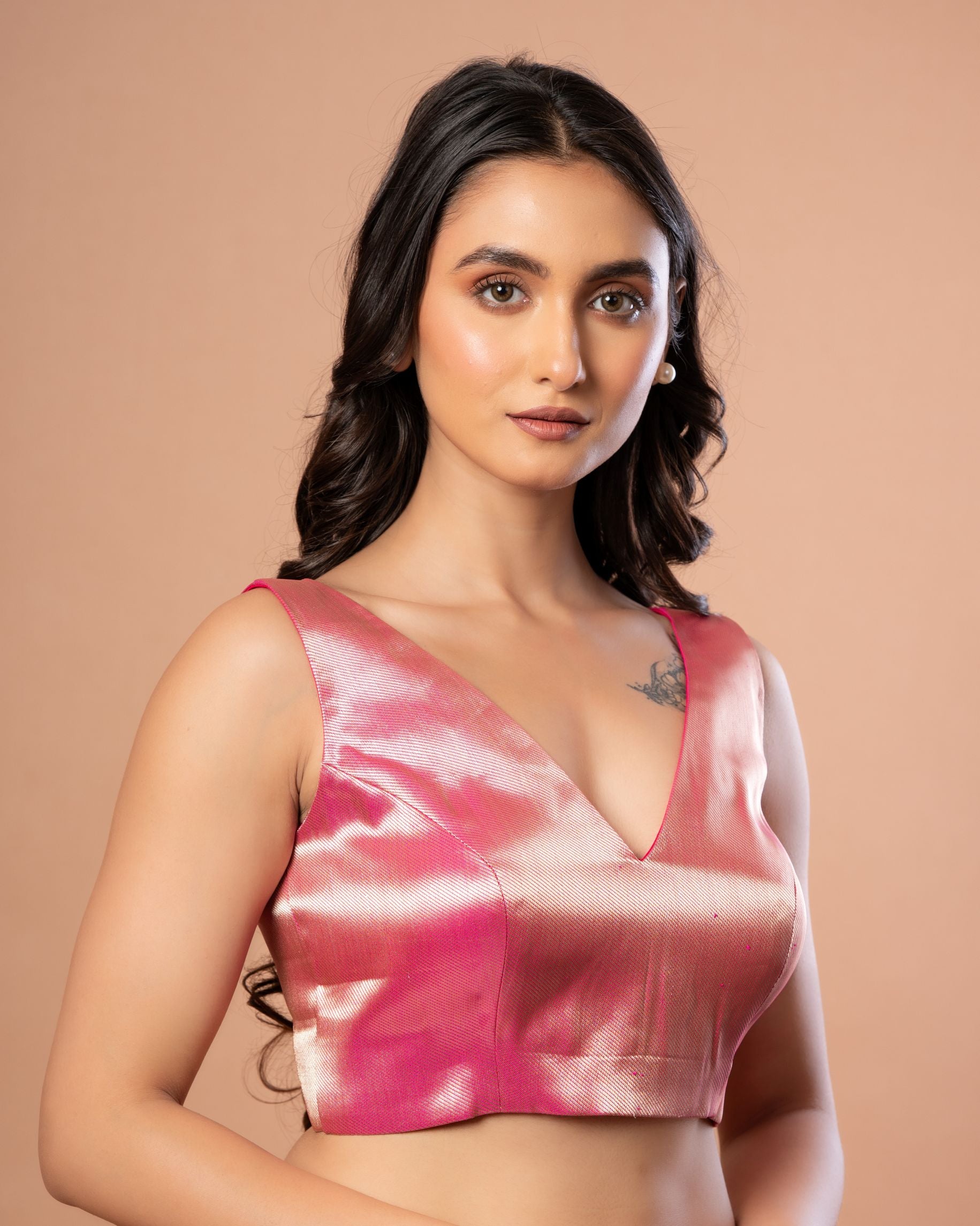 Pink Sleeveless V Neck Brocade Blouse with Back Closure Another Side
