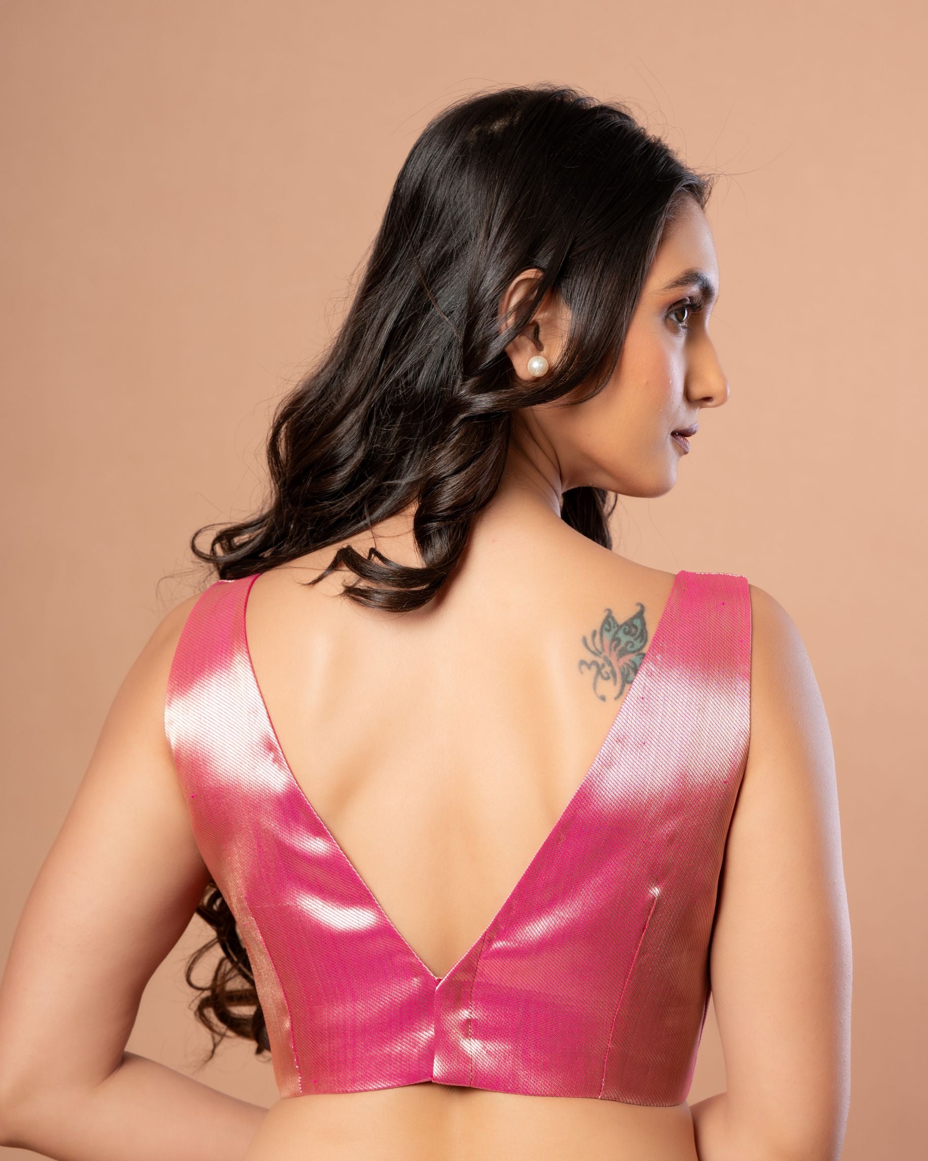 Pink Sleeveless V Neck Brocade Blouse with Back Closure Back 
