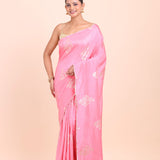 Pink Soft Silk Saree with Golden Woven Front View