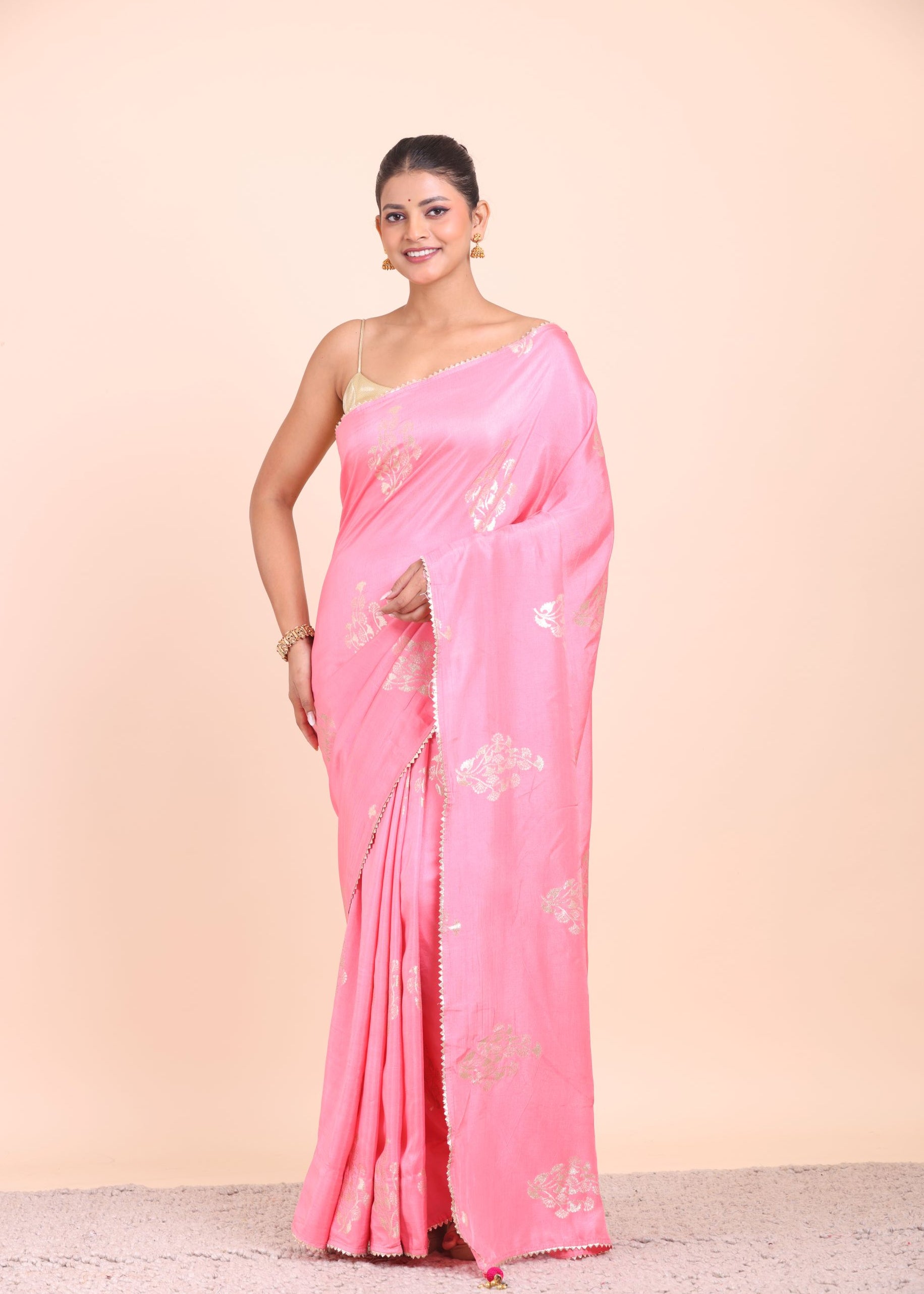 Pink Soft Silk Saree with Golden Woven Front View