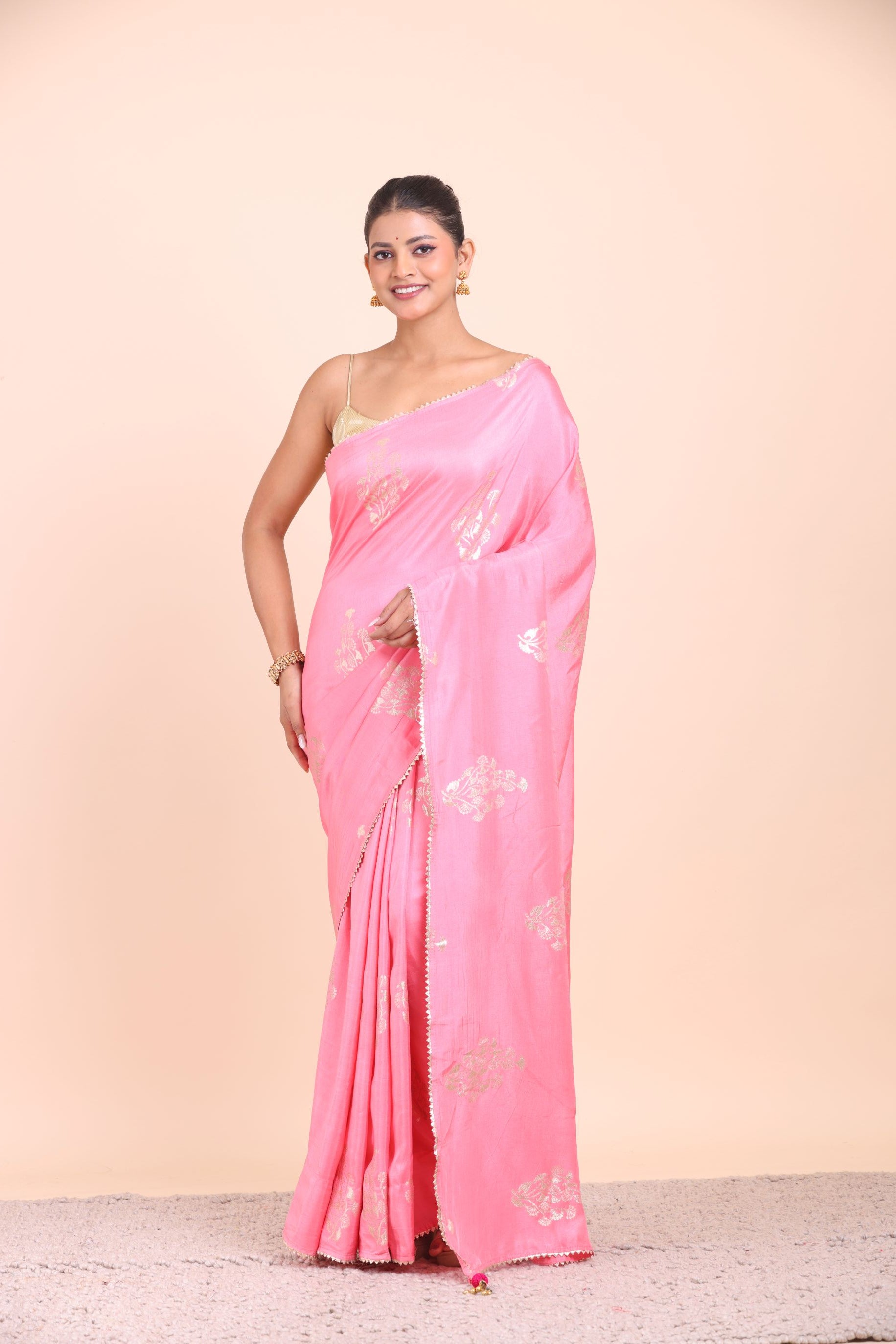 Pink Soft Silk Saree with Golden Woven Front View
