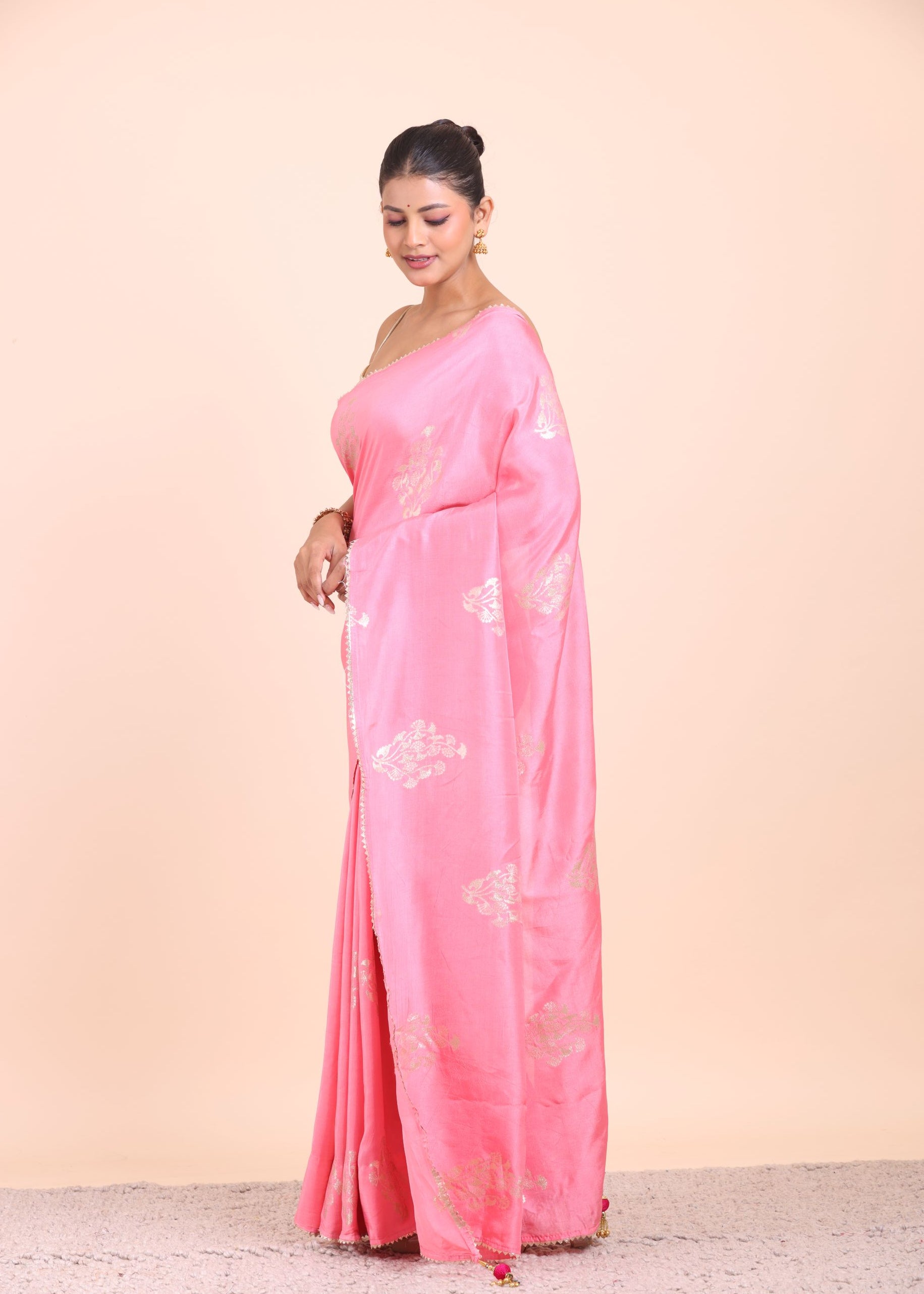 Pink Soft Silk Saree with Golden Woven Side View