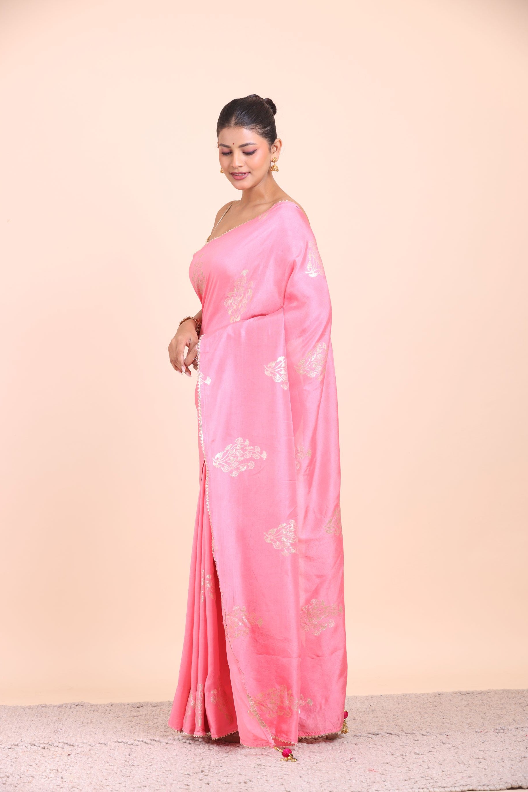 Pink Soft Silk Saree with Golden Woven Side View