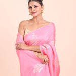 Pink Soft Silk Saree with Golden Woven Close Up View