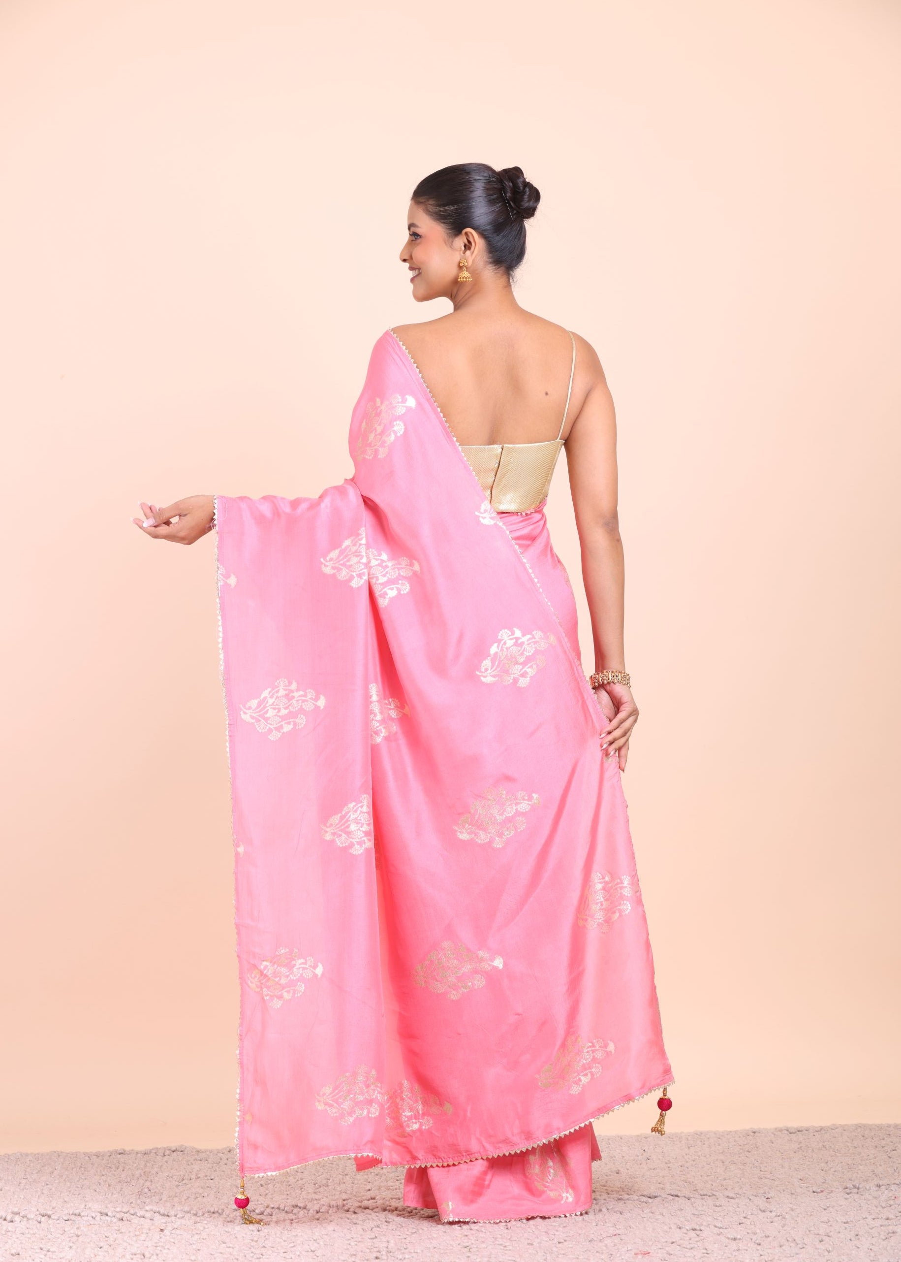 Pink Soft Silk Saree with Golden Woven Back View