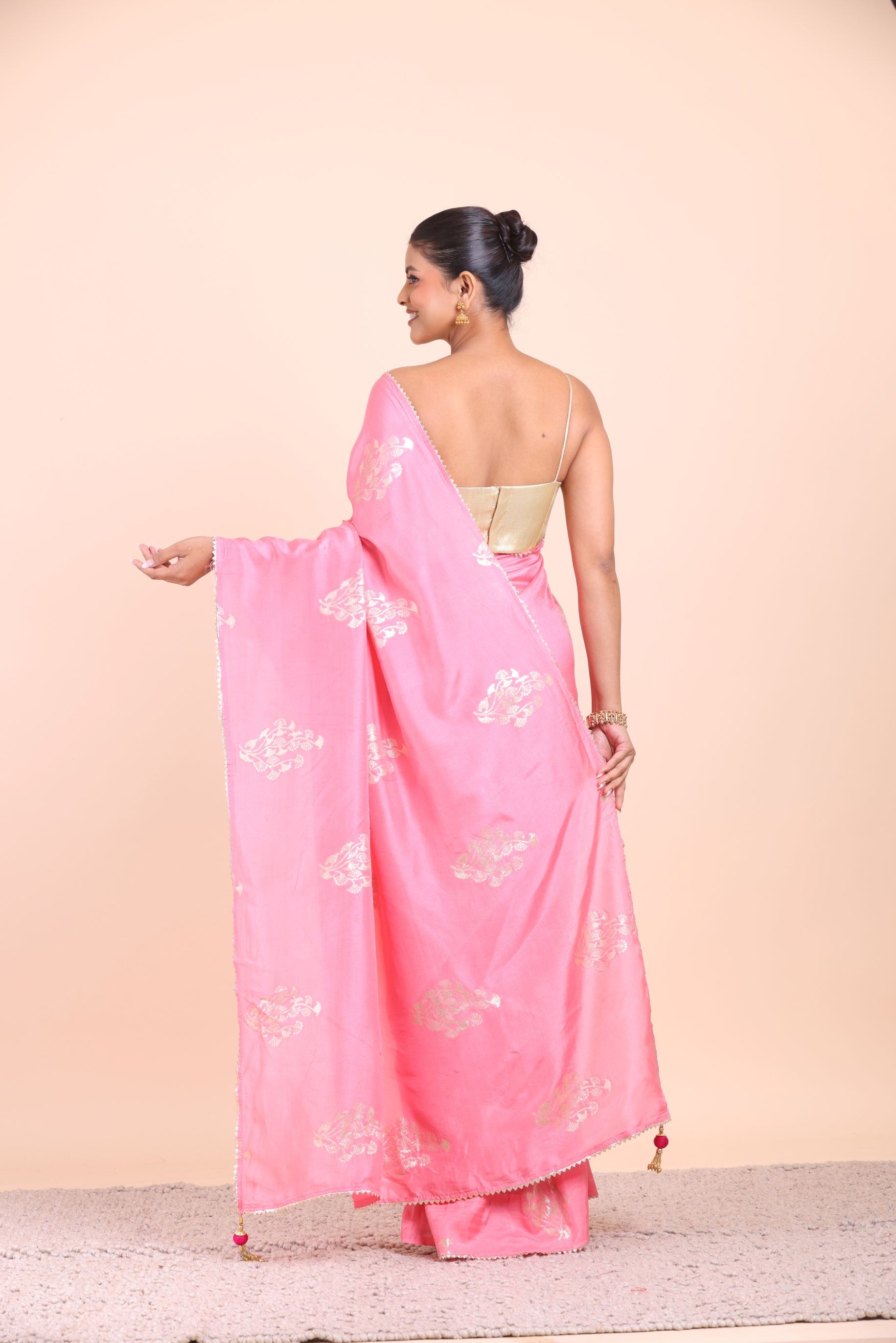 Pink Soft Silk Saree with Golden Woven Back View