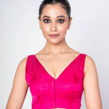 Pink V Neckline Sleeveless Blouse With Round Back Closer - Anvi Couture