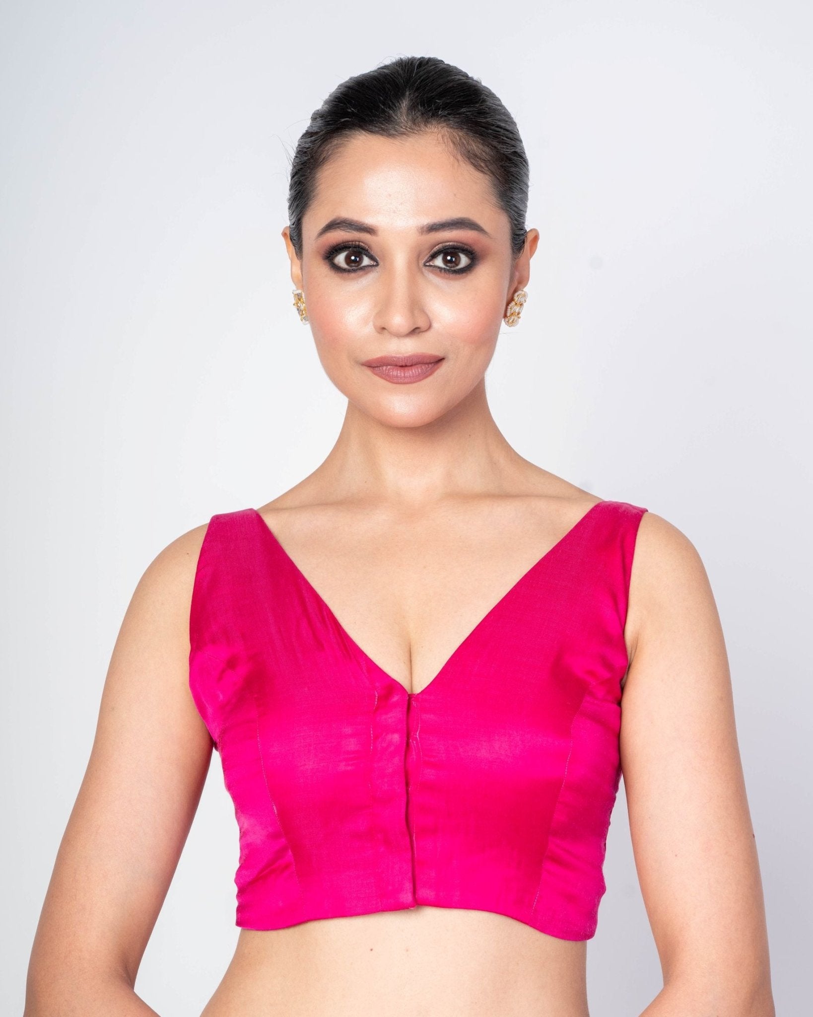 Pink V Neckline Sleeveless Blouse With Round Back Closer - Anvi Couture
