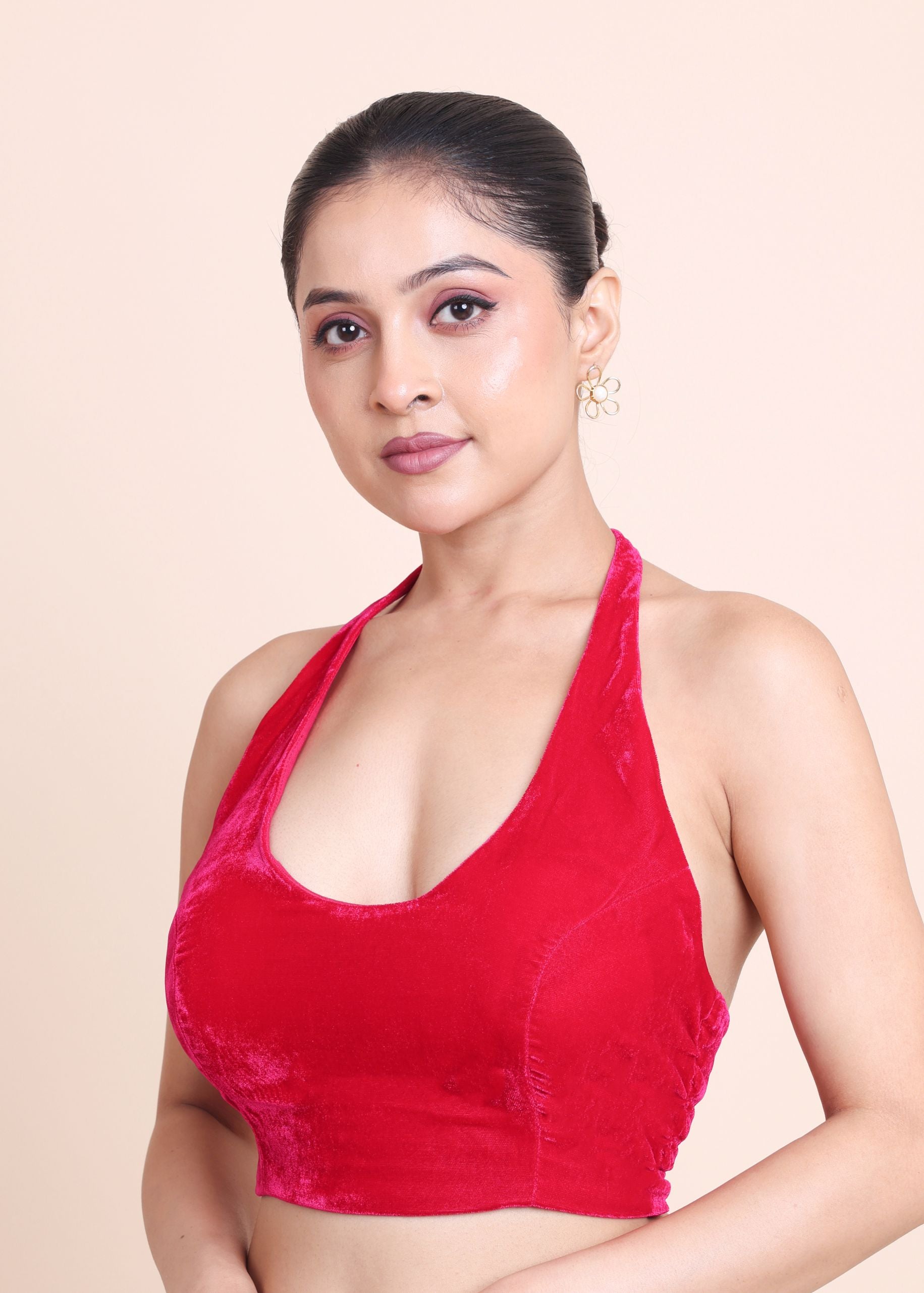 Pink Velvet Halter Neck Sleeveless Blouse close up