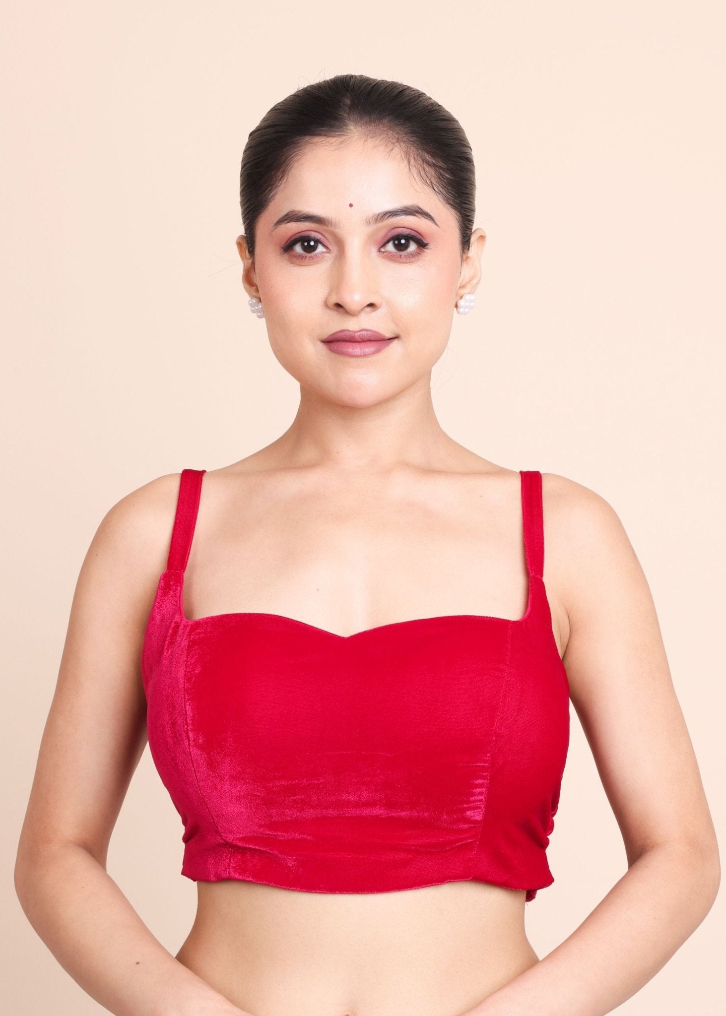 Pink Velvet Sweetheart Neckline Sleeveless Blouse - Anvi Couture