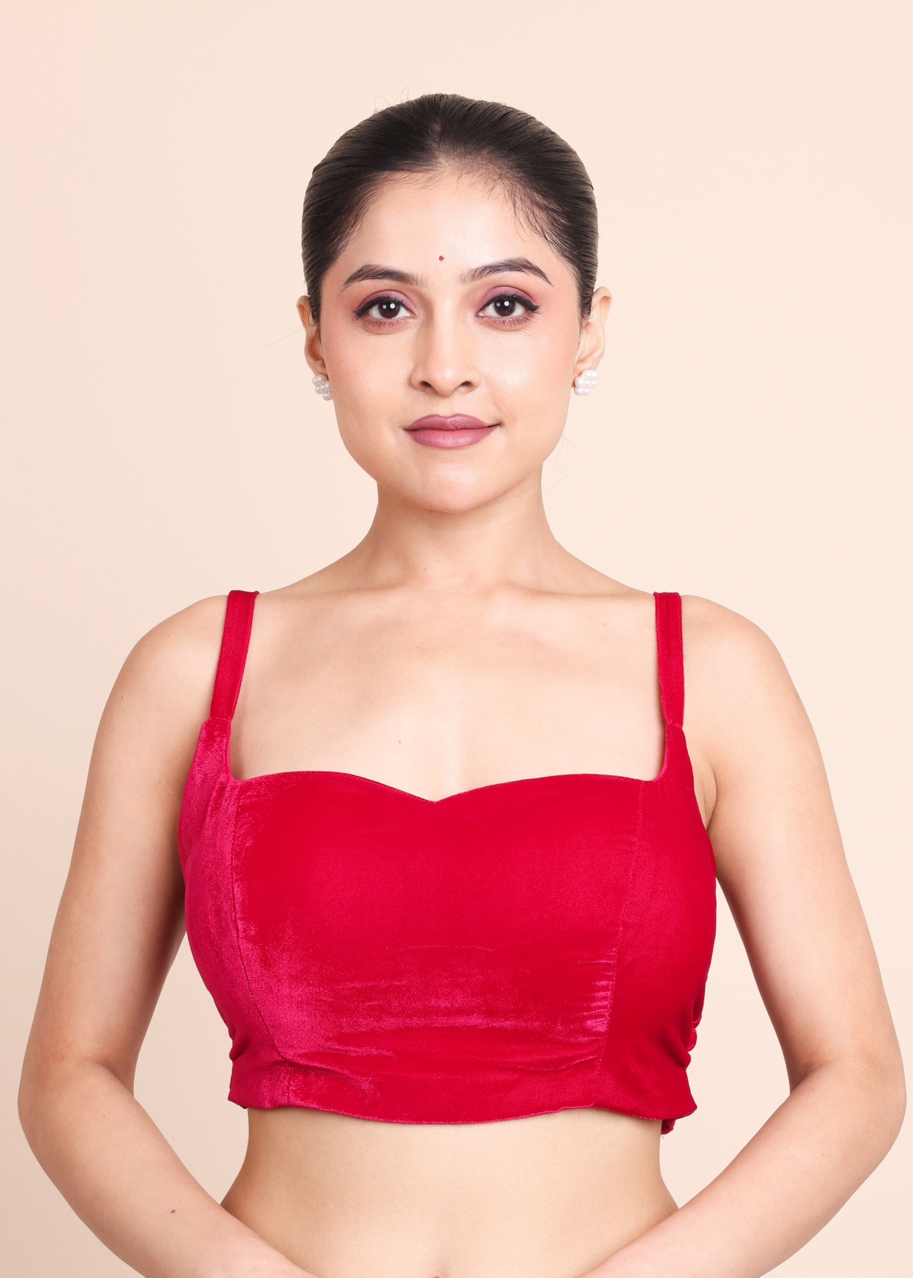 Pink Velvet Sweetheart Neckline Sleeveless Blouse Front