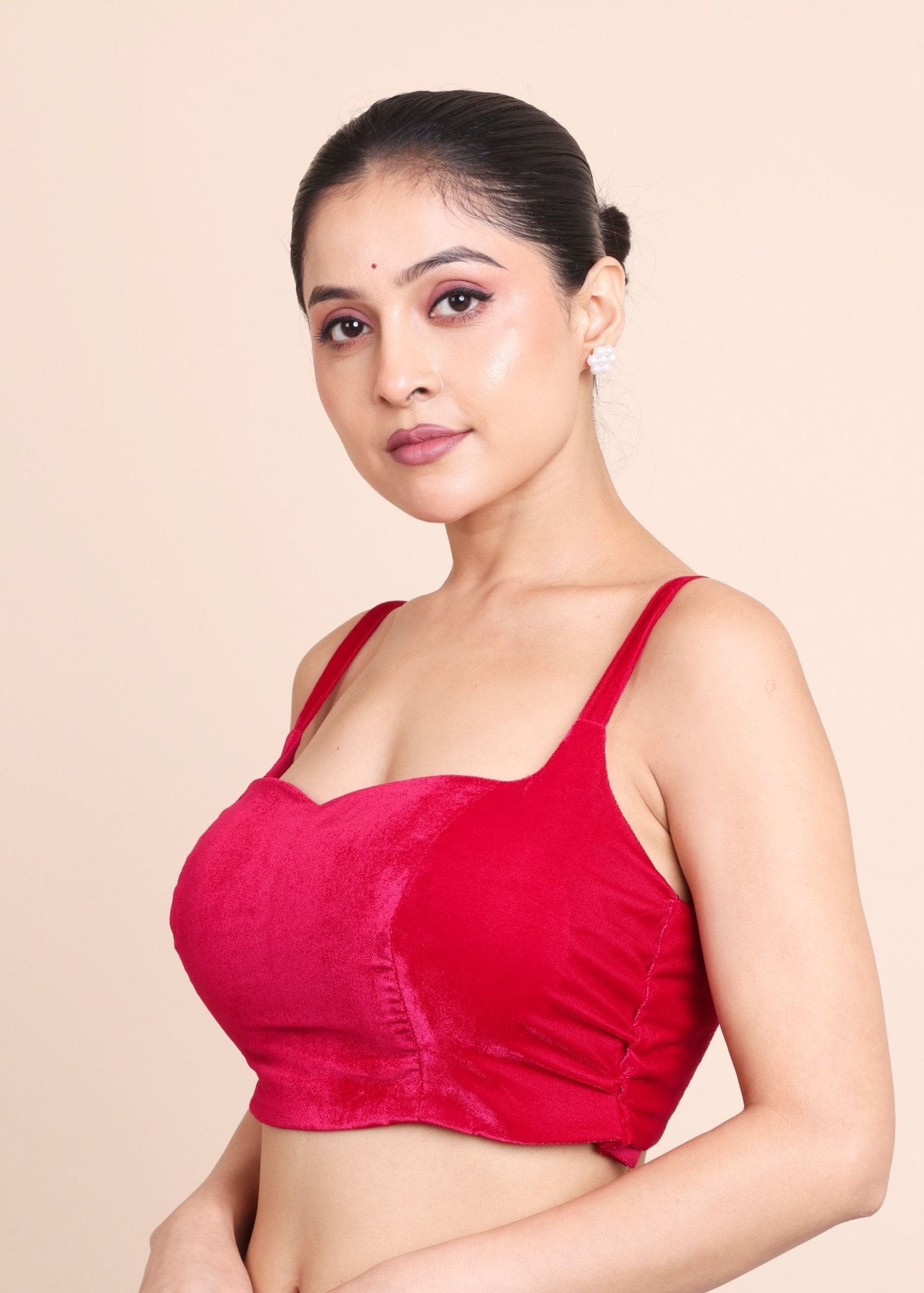 Pink Velvet Sweetheart Neckline Sleeveless Blouse - Anvi Couture