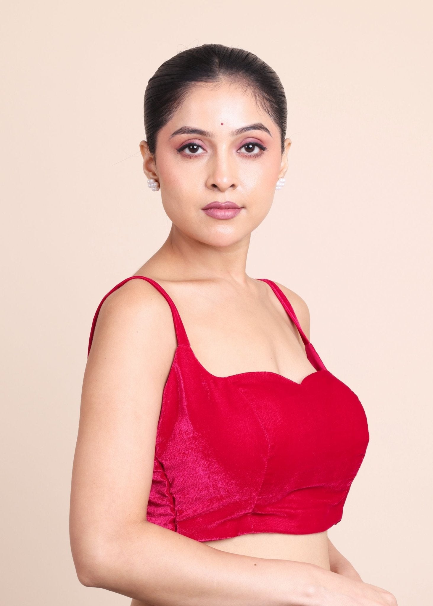 Pink Velvet Sweetheart Neckline Sleeveless Blouse - Anvi Couture