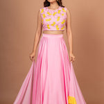 Pink Yellow Embroidered Silk Lehenga Set Full

