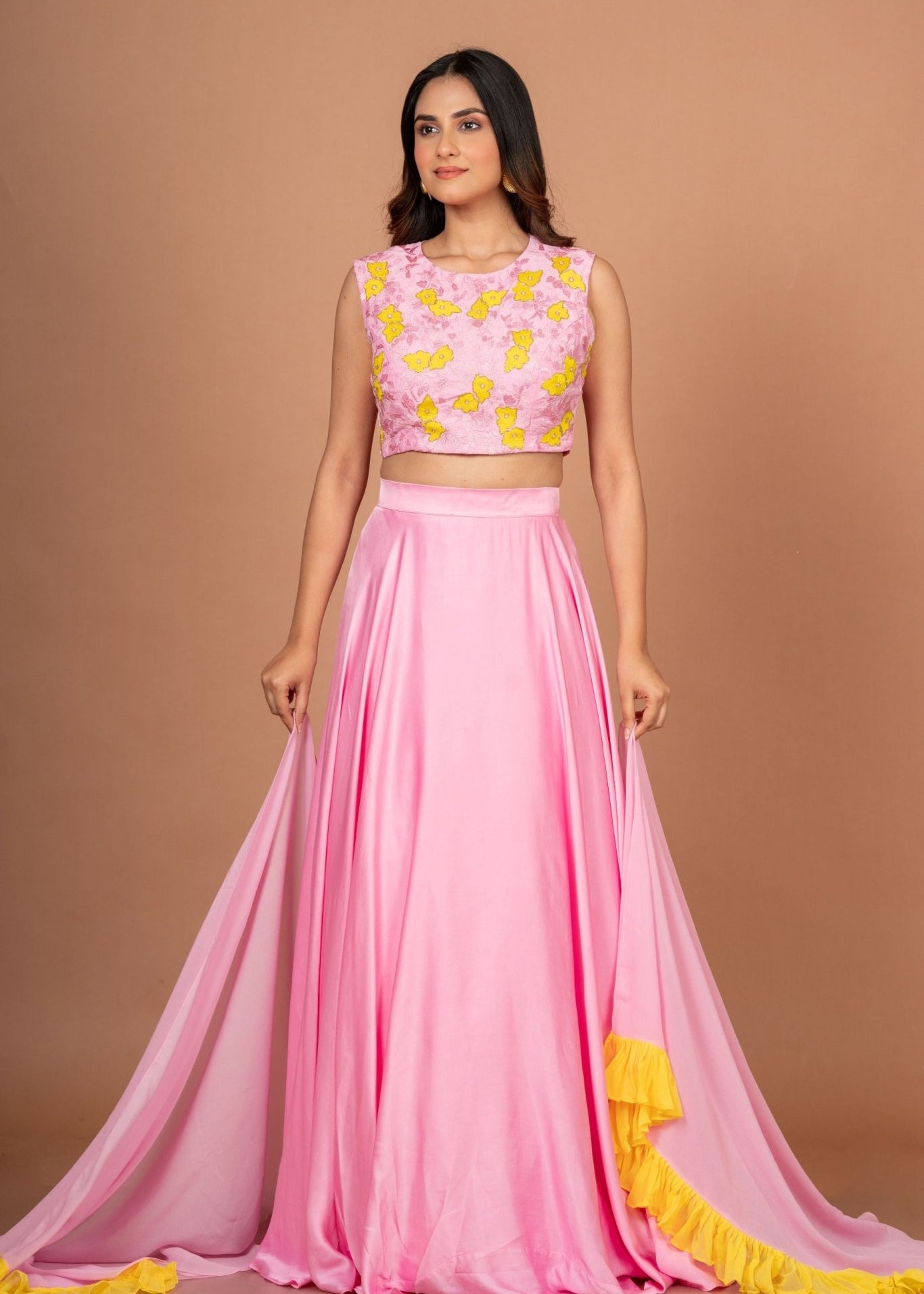 Pink Yellow Embroidered Silk Lehenga Set - Anvi Couture