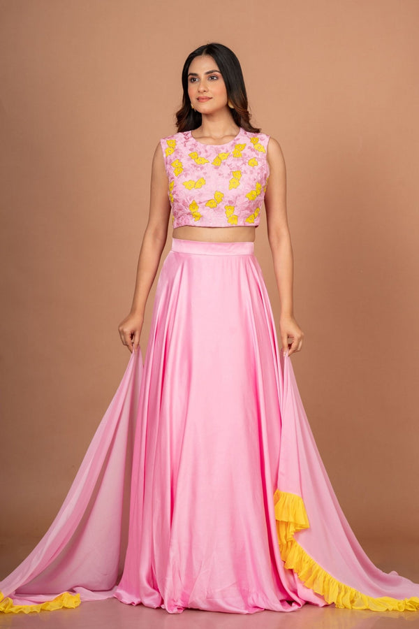 Pink Yellow Embroidered Silk Lehenga Set - Anvi Couture