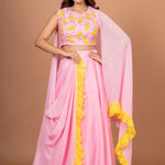 Pink Yellow Embroidered Silk Lehenga Set Front
