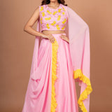Pink Yellow Embroidered Silk Lehenga Set Front
