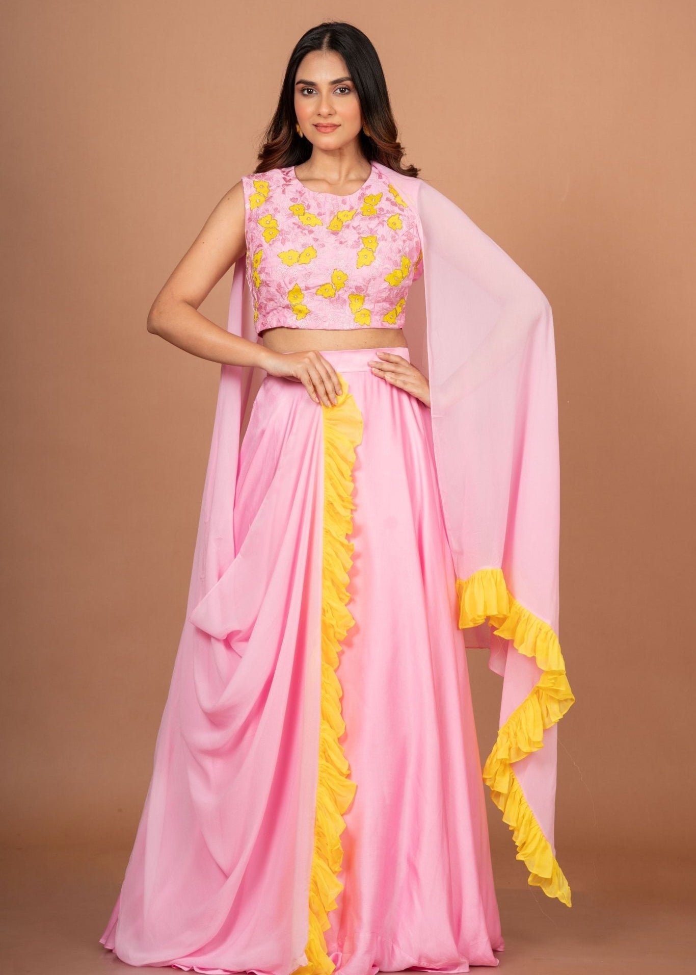 Pink Yellow Embroidered Silk Lehenga Set - Anvi Couture