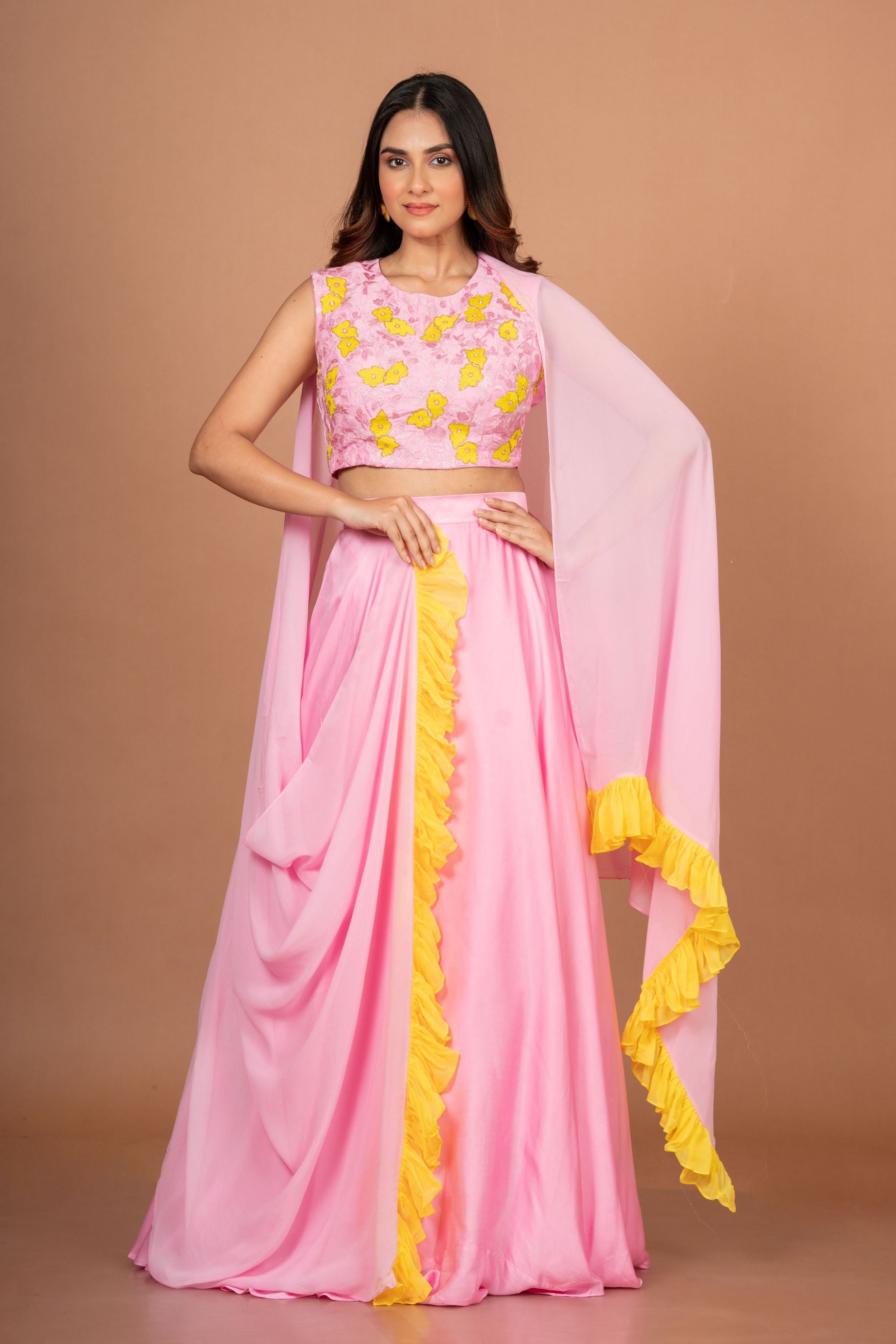 Pink Yellow Embroidered Silk Lehenga Set Front
