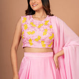 Pink Yellow Embroidered Silk Lehenga Set Close Up
