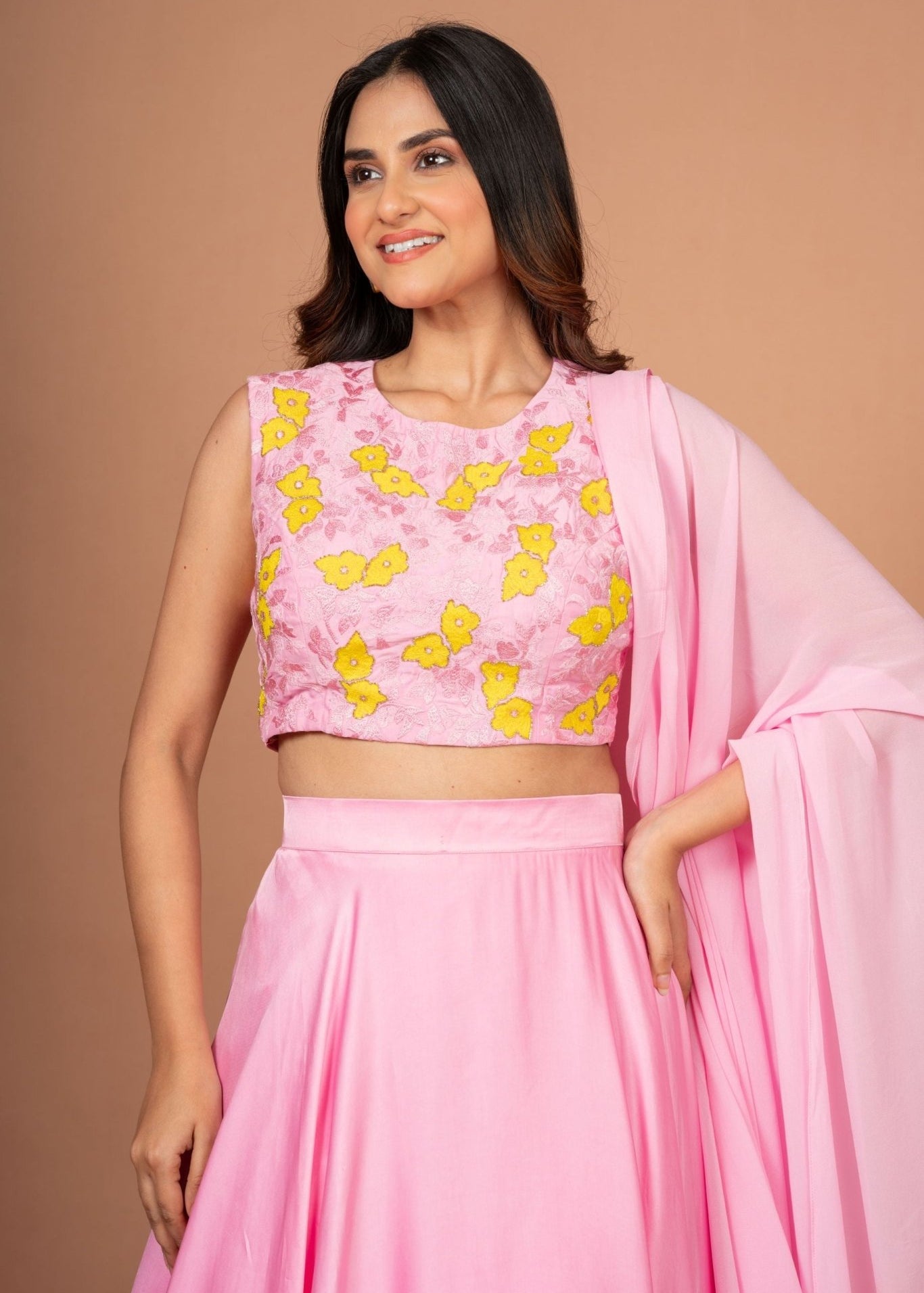 Pink Yellow Embroidered Silk Lehenga Set - Anvi Couture