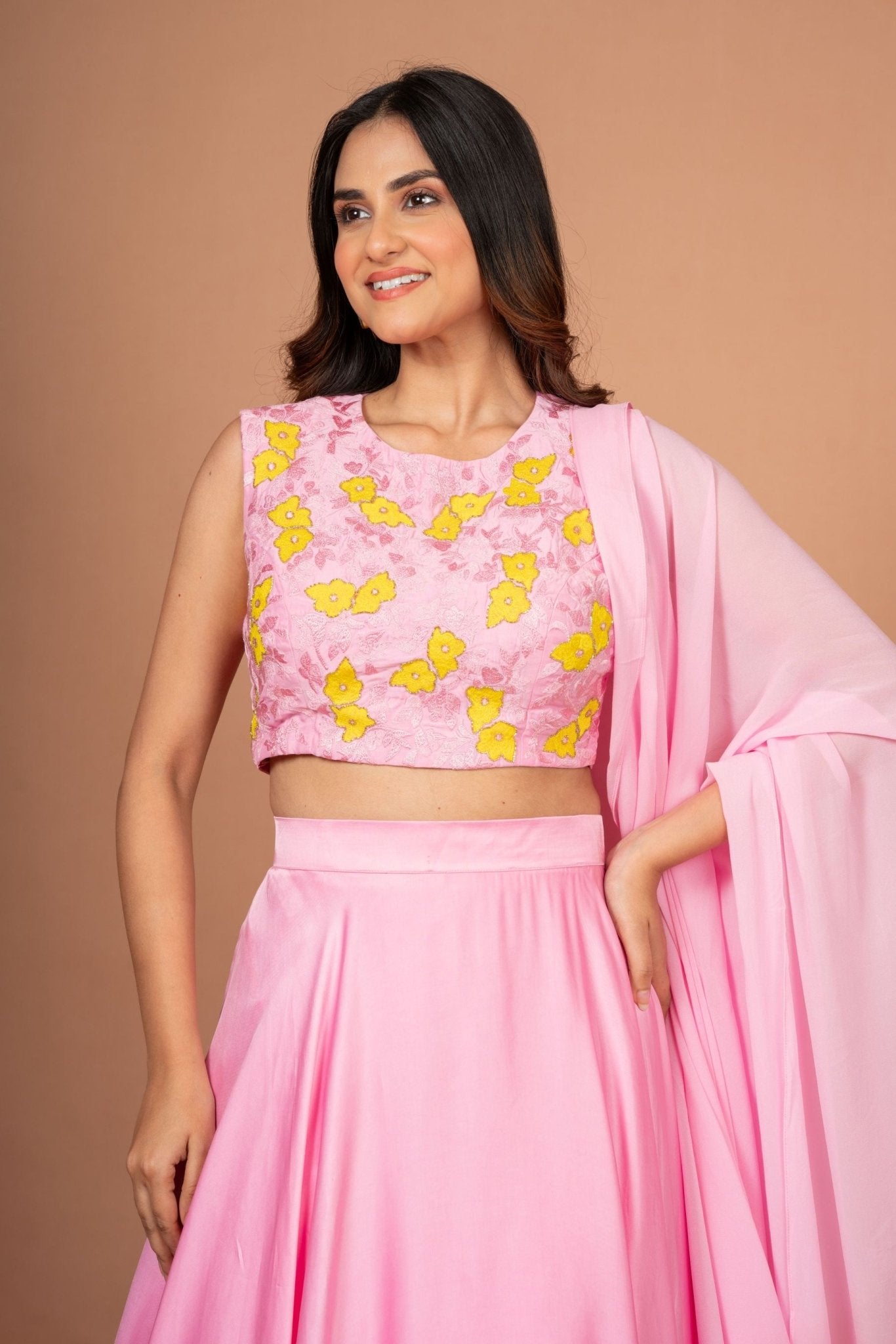 Pink Yellow Embroidered Silk Lehenga Set - Anvi Couture