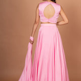 Pink Yellow Embroidered Silk Lehenga Set Back

