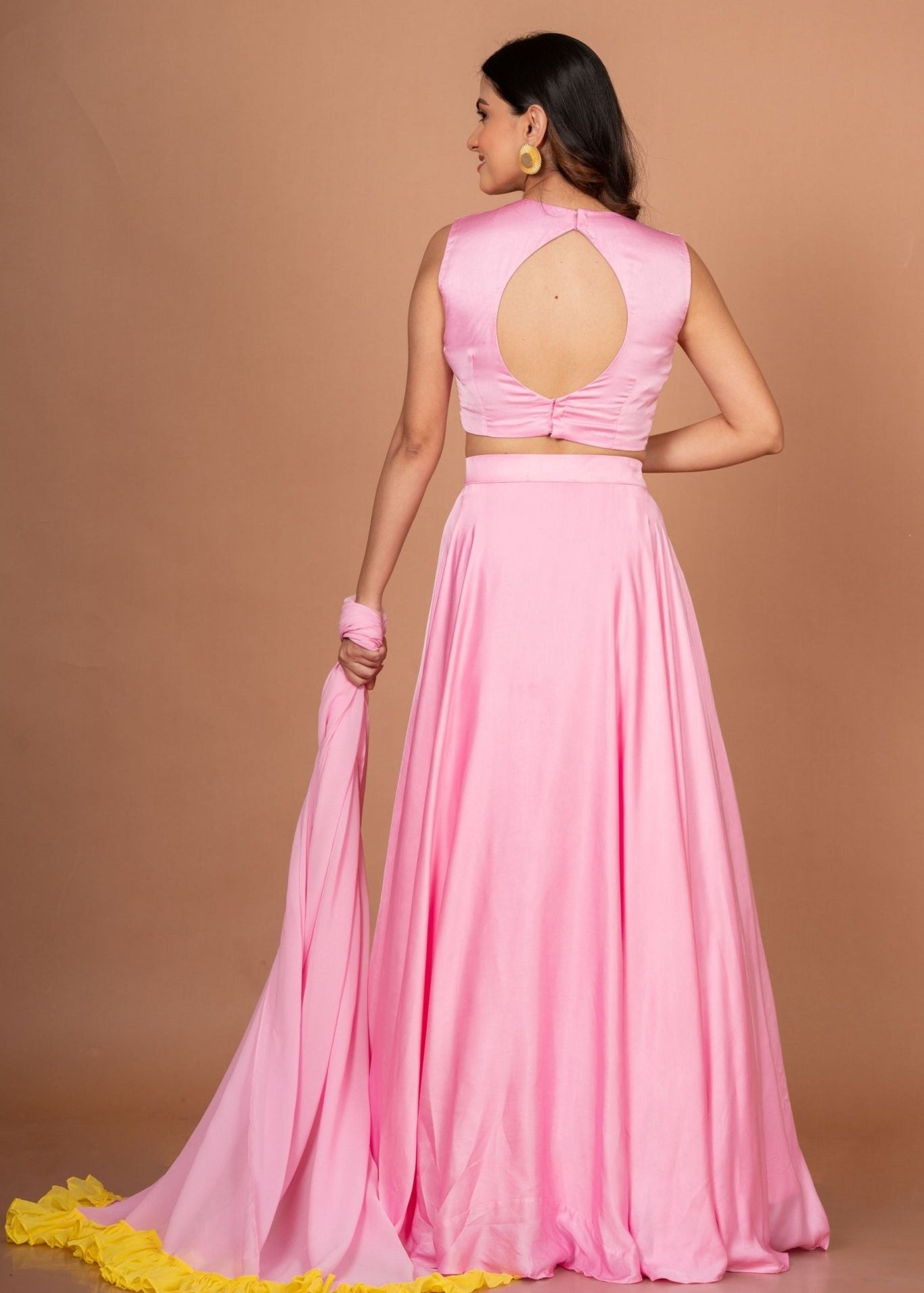 Pink Yellow Embroidered Silk Lehenga Set - Anvi Couture