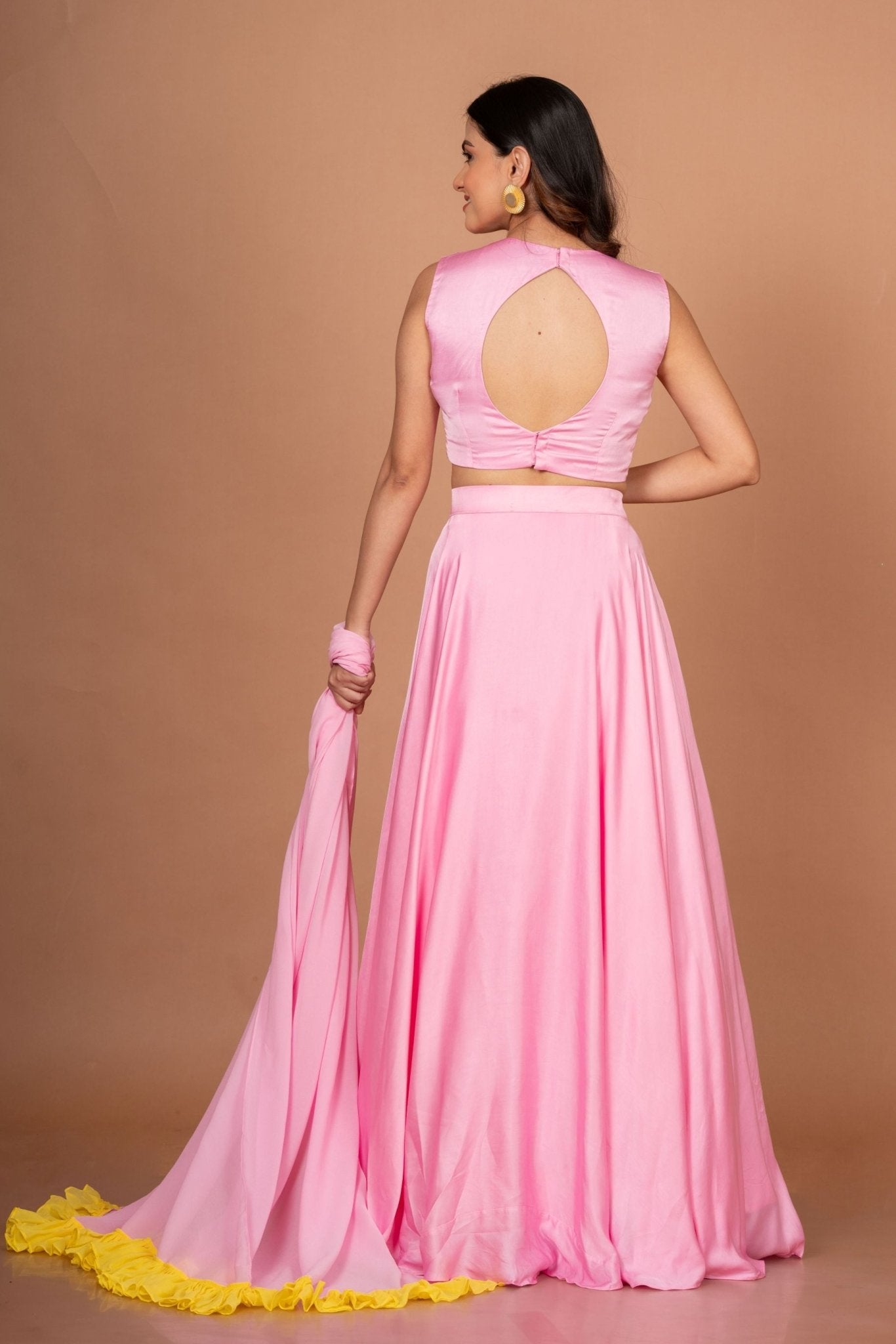 Pink Yellow Embroidered Silk Lehenga Set - Anvi Couture
