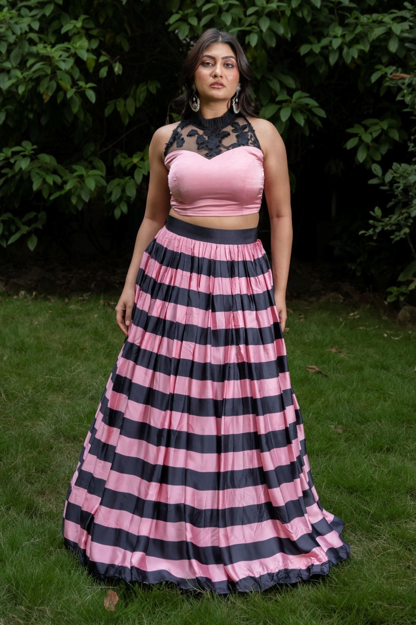 Pink and Black Lehenga set In Satin Silk - Anvi Couture