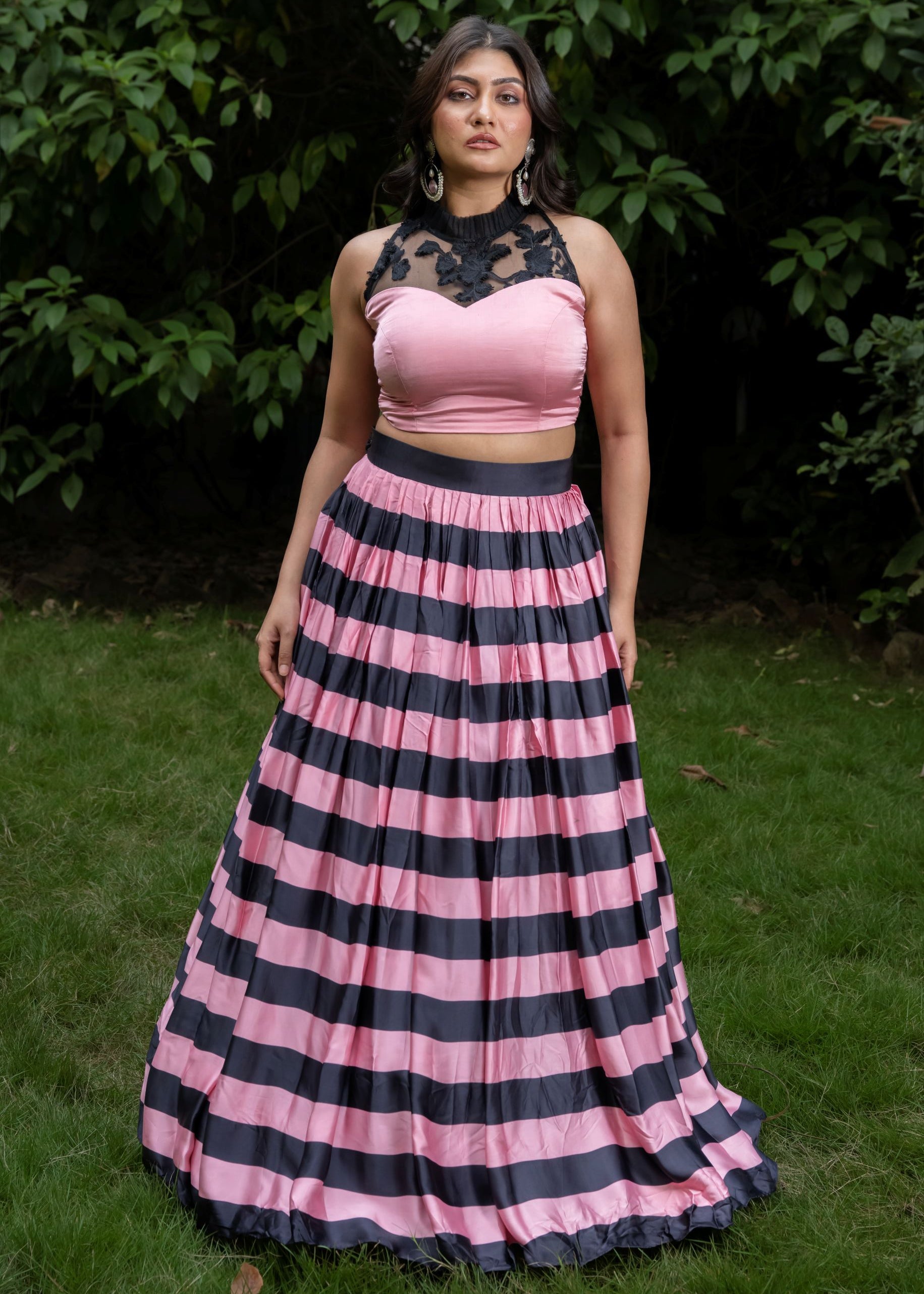 Pink and Black Lehenga set In Satin Silk
